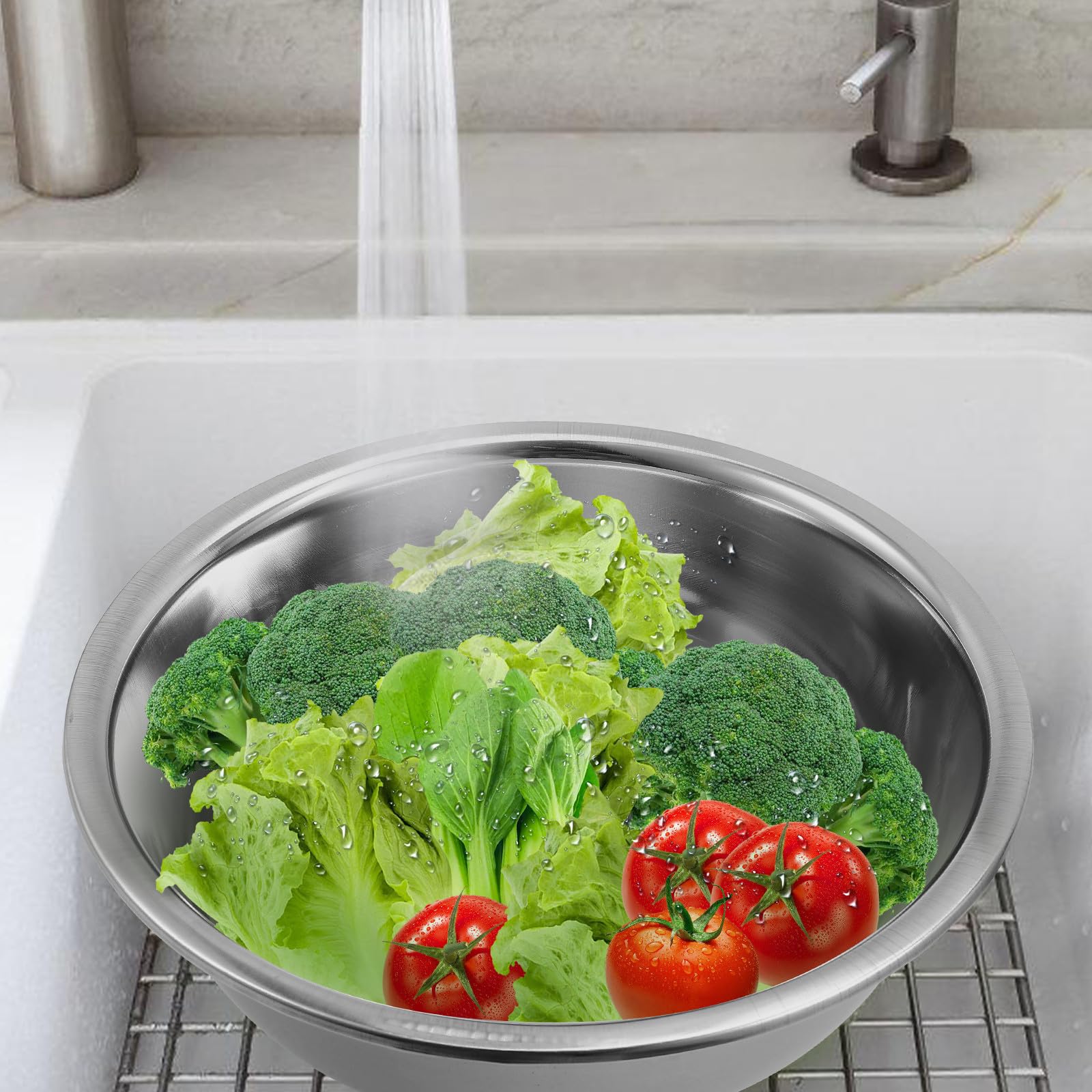 VILLCASE Cuenco de Acero Inoxidable Grande y Redondo Base Plana para Mezclar Harina y Huevos, Diseño Multifuncional, Fácil de Limpiar, Adecuado Cocina Moderna
