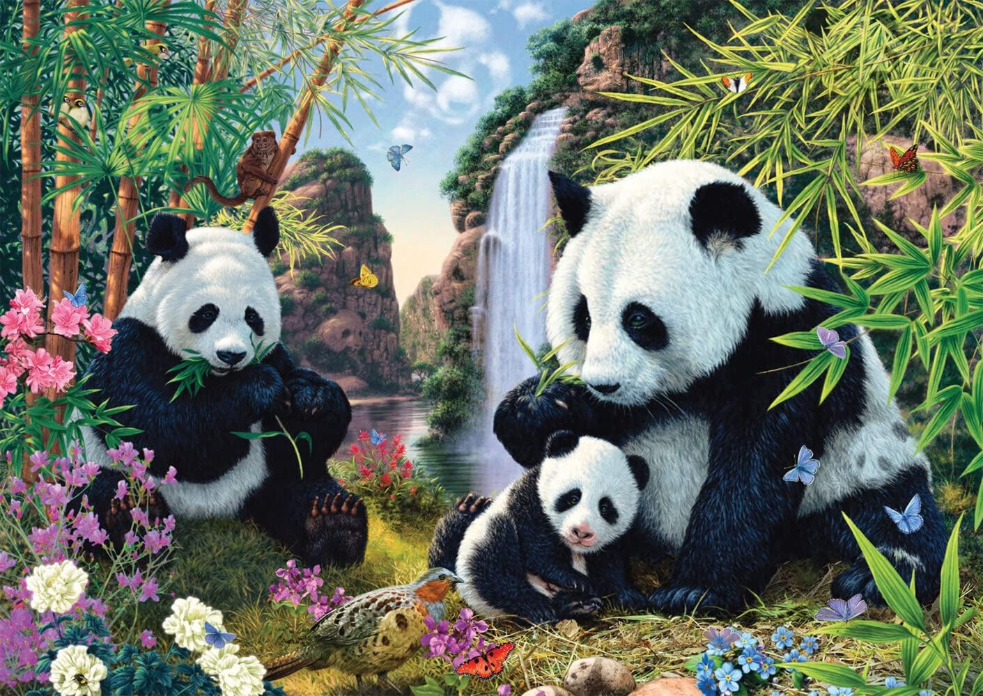 Schmidt Spiele 57380 Panda Family at Waterfall 500-Piece Puzzle, Multi-Coloured