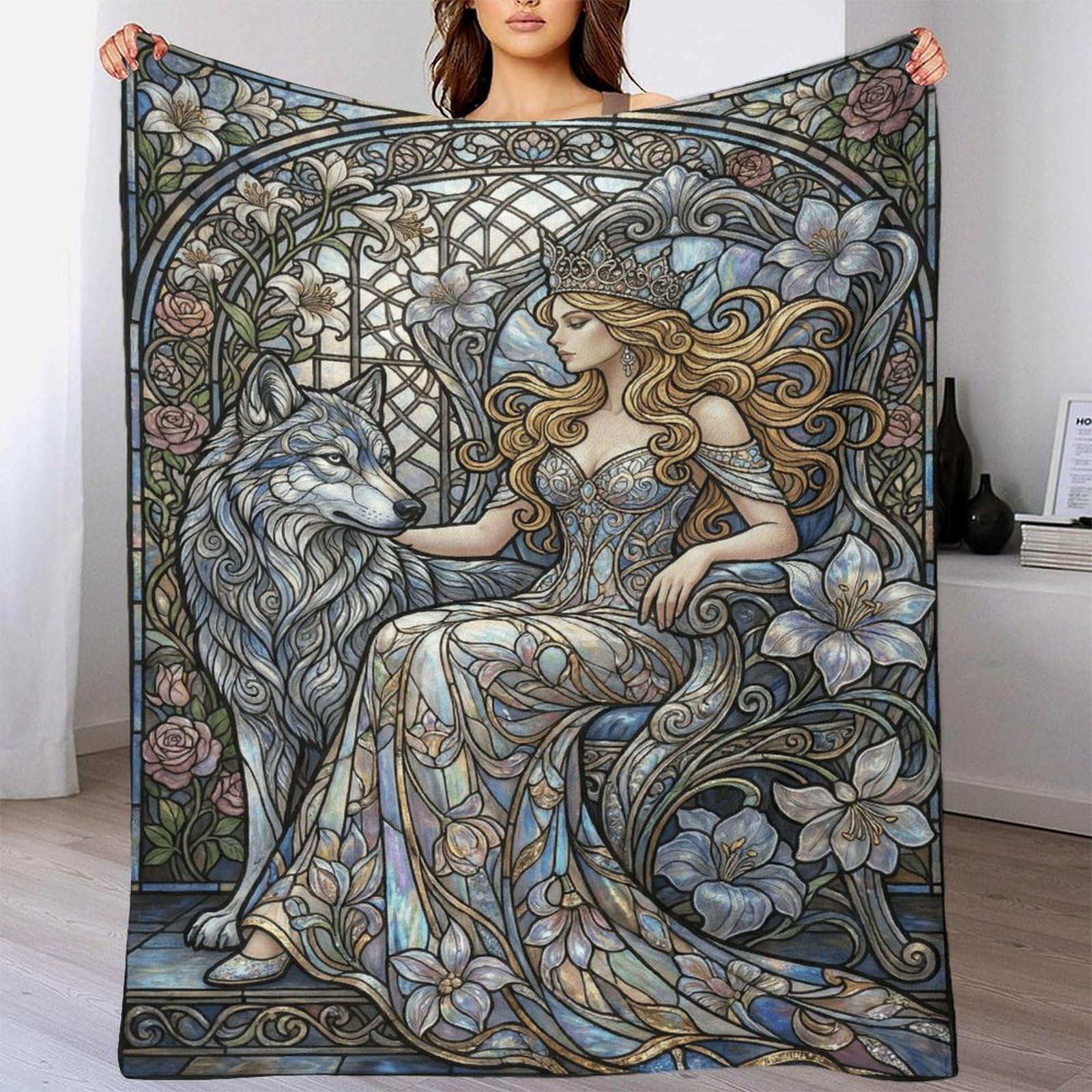 W7C8U2X3 Art Nouveau Mucha Wolf Goddess Flannel Throw Blanket, TV Time Sofa