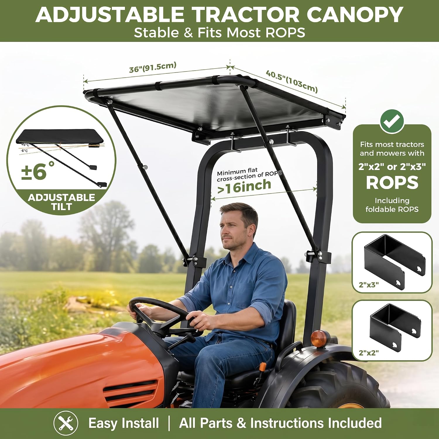 Tractor Canopy for ROPS,Sun-Resistant Lawn Mower Sun Shade, Adjustable Zero Turn Canopy Fits 2"x2"/2"x3" ROPS Frames for Compact Tractors, Zero Turn & Riding Lawn Mowers, Wind Rain Snow Proof