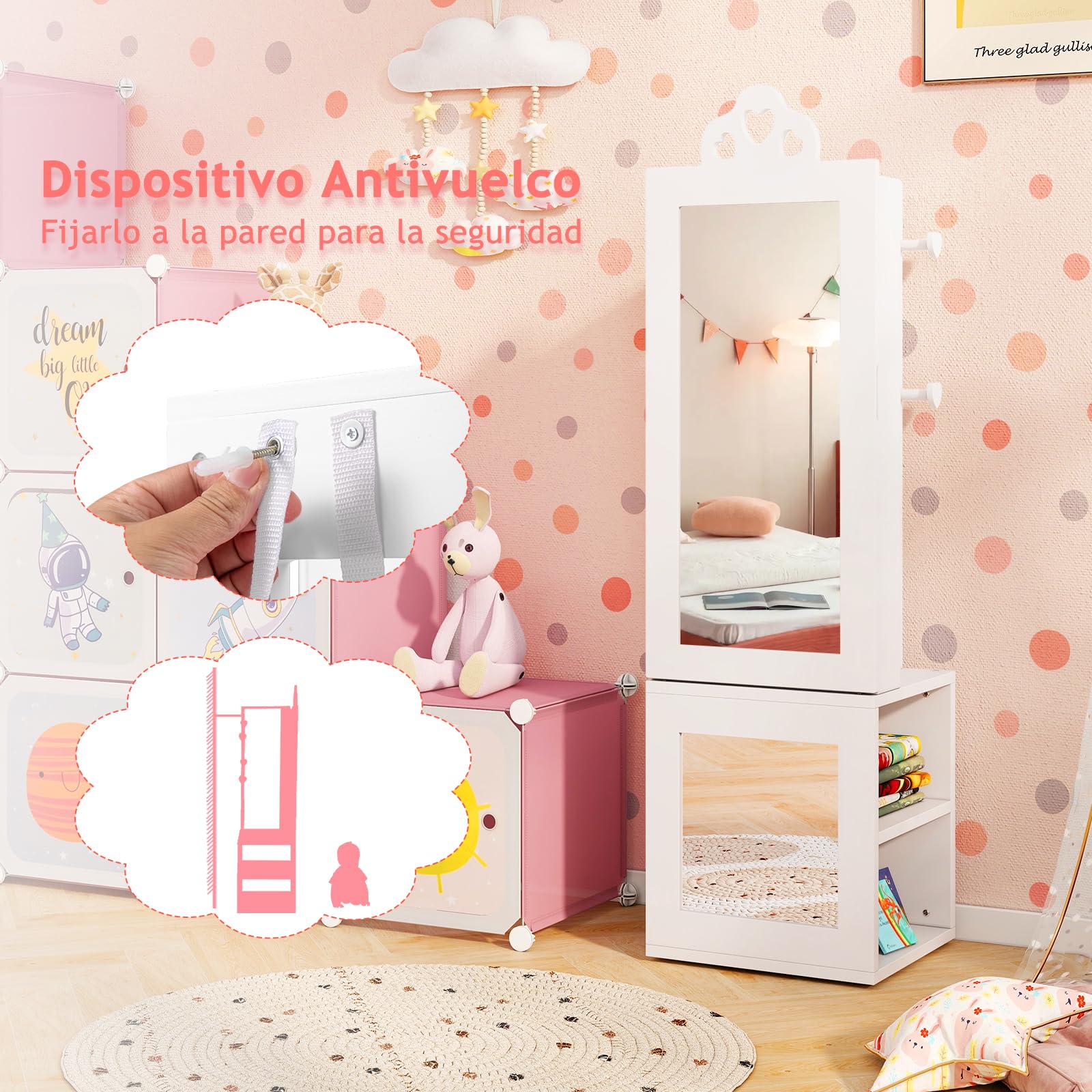 GOPLUS Armario de Joyería para Niños con Espejo de Cuerpo Entero, Organizador de Joyería Infantil de Pie con Perchero, Sistema Antivuelco, Armario de Joyería Princesa para Dormitorio (Blanco)