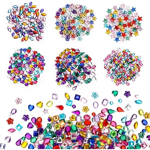 JPSOR 600pcs Rhinestones Crystal Gems for Crafts, Acrylic Flatback Rhinestones for Party Decorations, Crafting Embellishments Gemstone (6 Shapes)