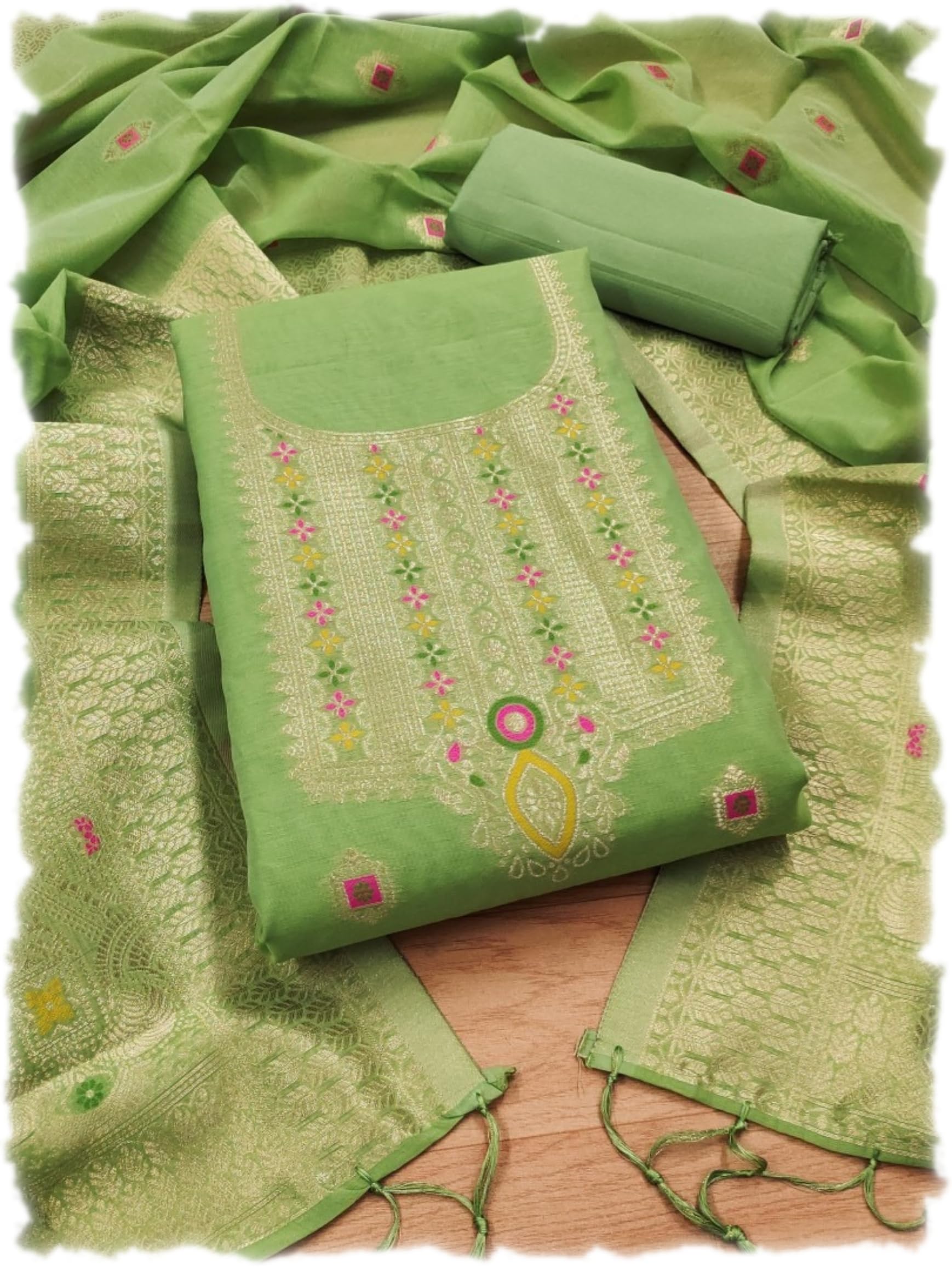 shantvan gallery Chanderi Suit Vol 5 | Pure Chanderi Banarasi Silk (3m) | Soft Cotton Bottom (2.5m) | Woven Chanderi Banarasi Silk Dupatta (2.3m) with Tassels, Unstitched Material, Fits up to 60”, Length 48-picture-29
