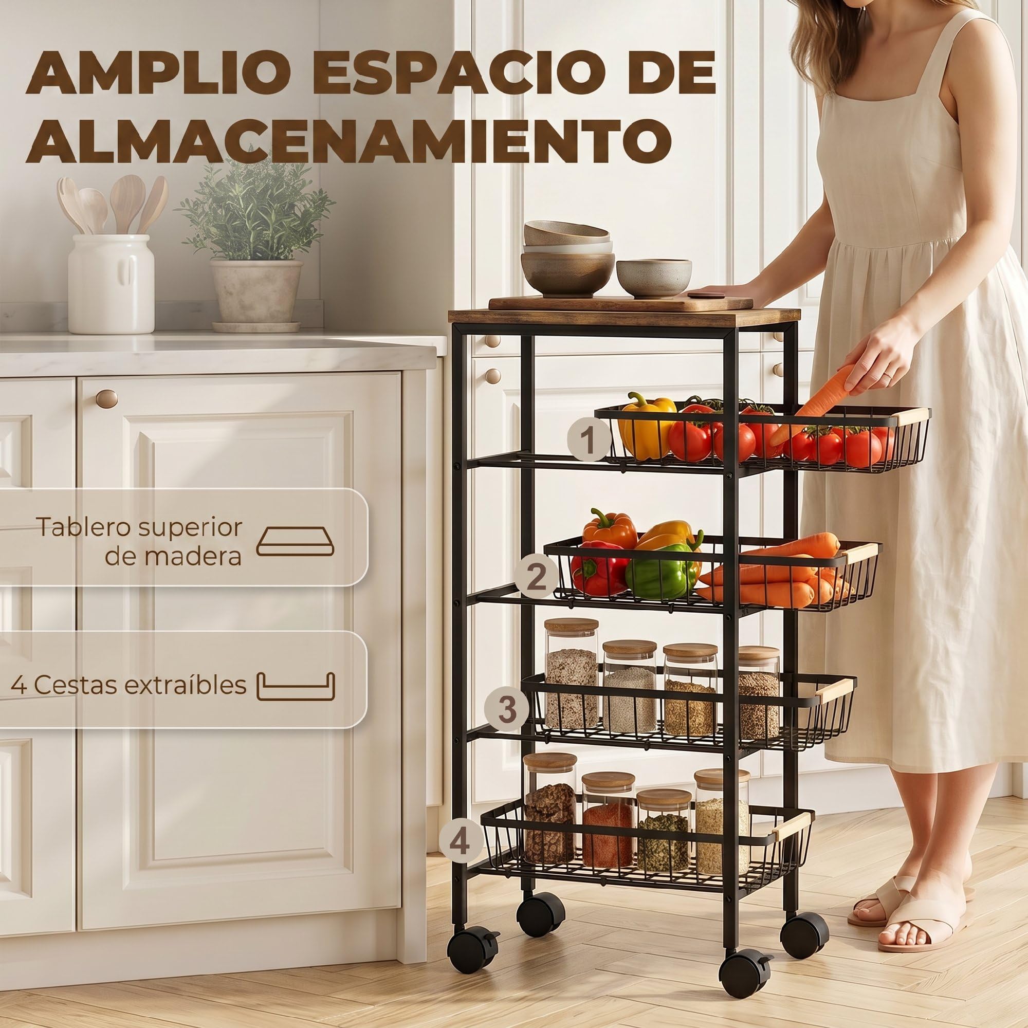 HOMCOM Carrito Auxiliar con Ruedas 4 Cestas Extraíbles 15 kg Marrón Rústico | Carrito de Cocina, Marco Metálico, Tiradores de Madera, para Comedor, Sala de Estar, Baño, 40x24x81,5 cm