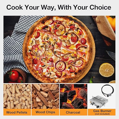 Miniatura 5 de Horno de pizza de pellets de madera para exteriores, horno de pizza de 13 pulgadas de leña y gas con termómetro integrado, máquina portátil de acero