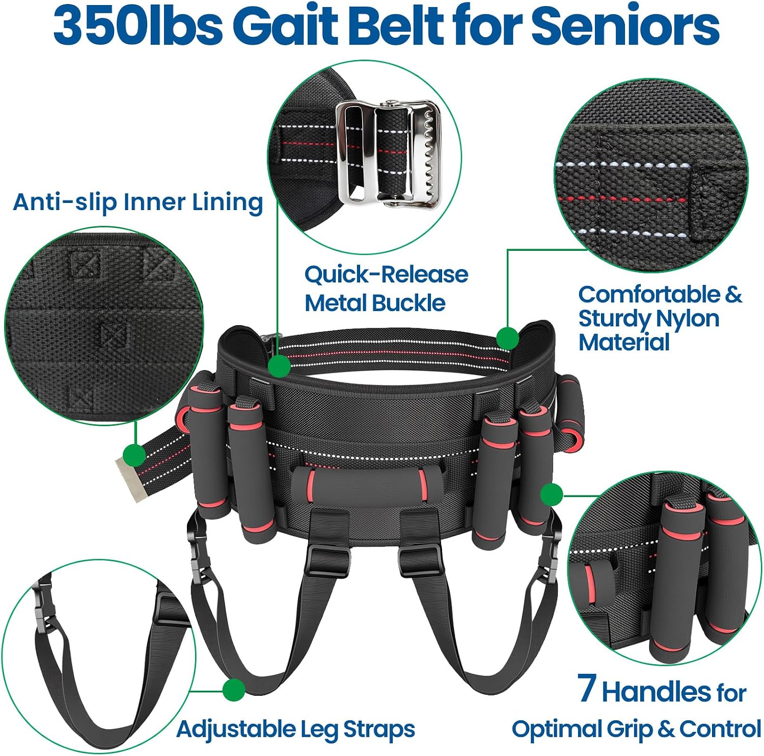Aliseniors Gait Belt Transfer Belt, Gait Belt with 7 Handles - Quick Release Buckle & Leg Straps, Gait Belts for Seniors, Medical Nursing Patient Safety Belt Lift Strap for Physical Therapy