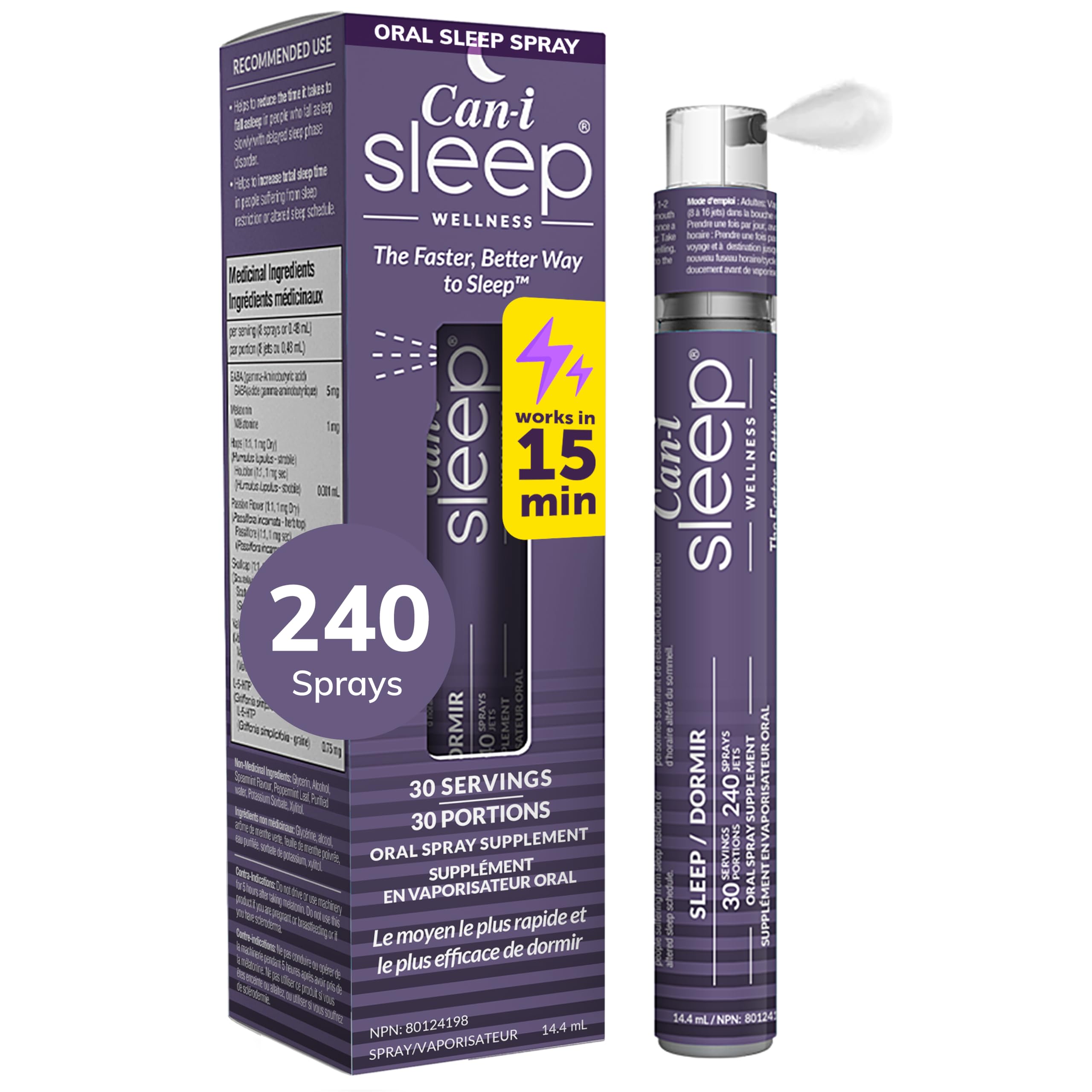 Fast-Acting Sleep Spray with Melatonin, GABA & 5-HTP - Natural Oral Sleep Aid to Fall Asleep Quickly & Wake Refreshed - Can-i Sleep Supplement for Adults - 240 sprays or 30 Servings