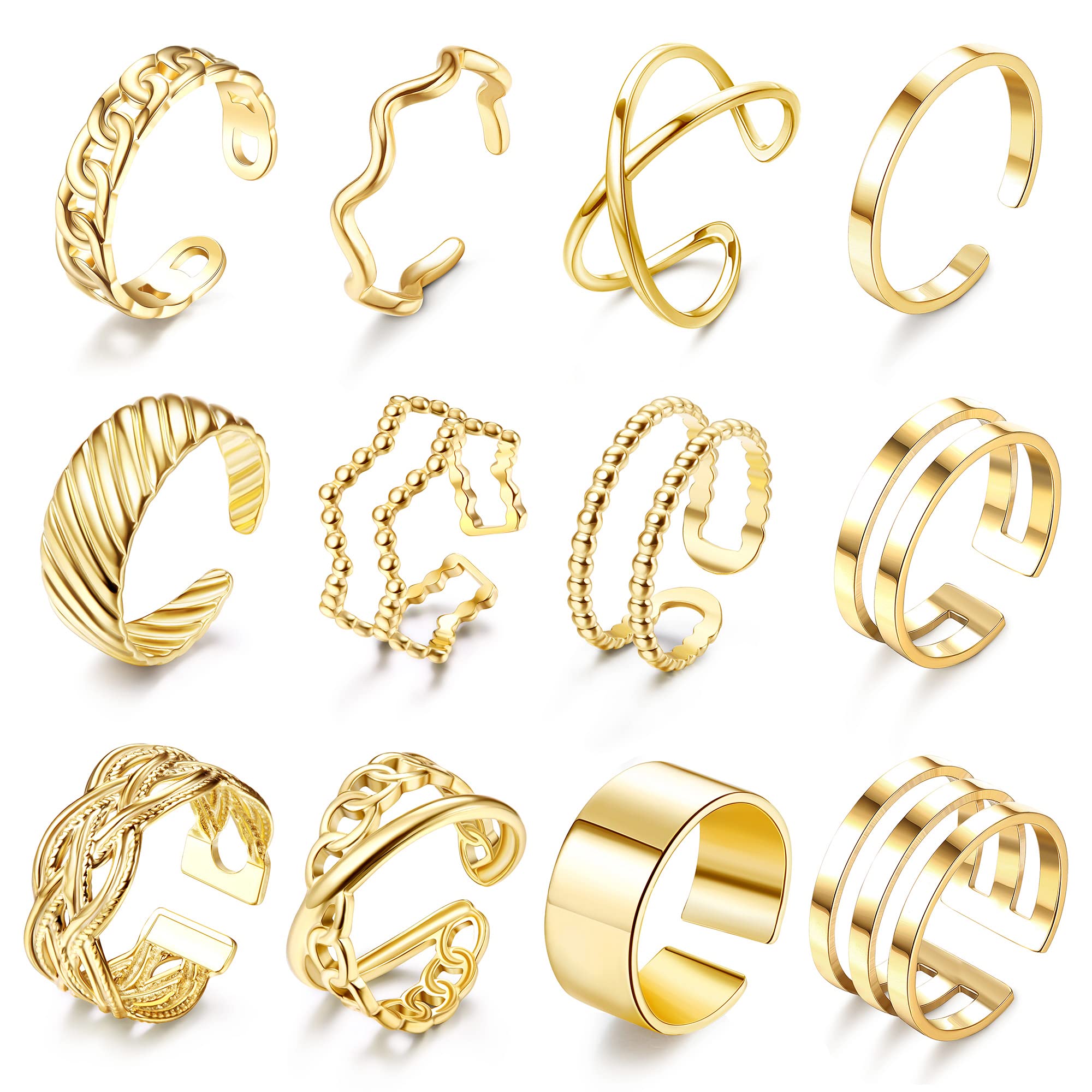 JeweBella12 Piezas Anillos Mujer Plata/Oro Acero Inoxidable Anillos Abierta Minimalista Apilables Anillos Nudillos Conjunto Anillos Dedo Regalo de Joyería Moda