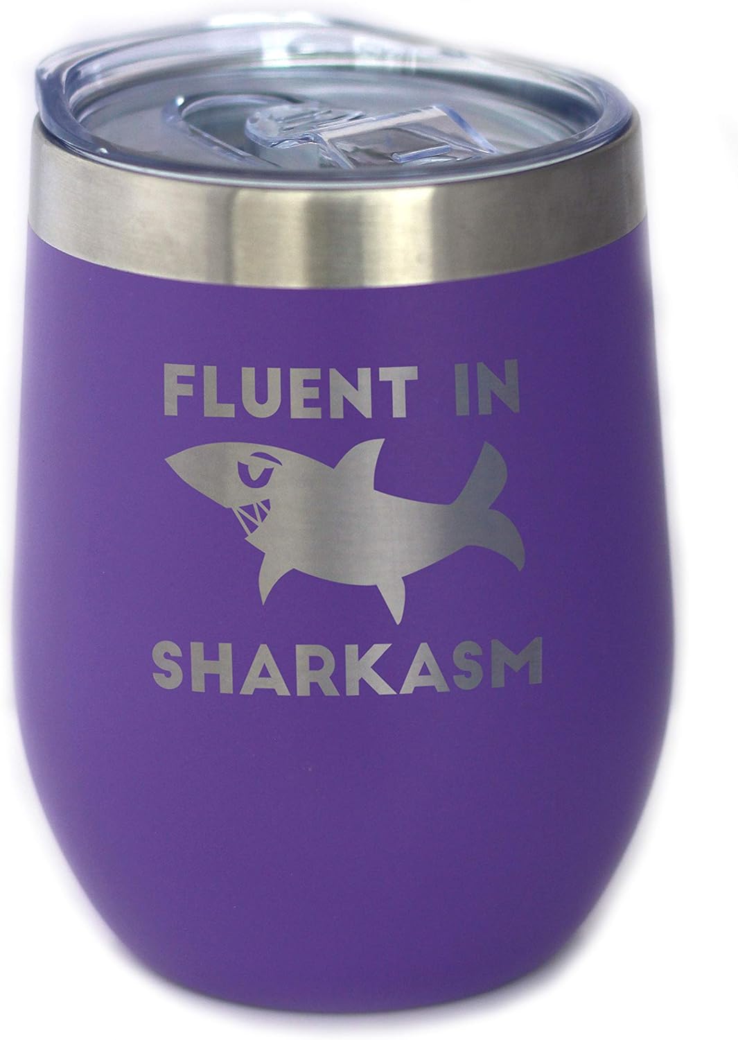Bevvee Fluent in Sharkasm - Funny Shark Wine Tumbler Glass with Sliding Lid - Stainless Steel Insulated Mug - Cute Shark Decor Gifts - Pink