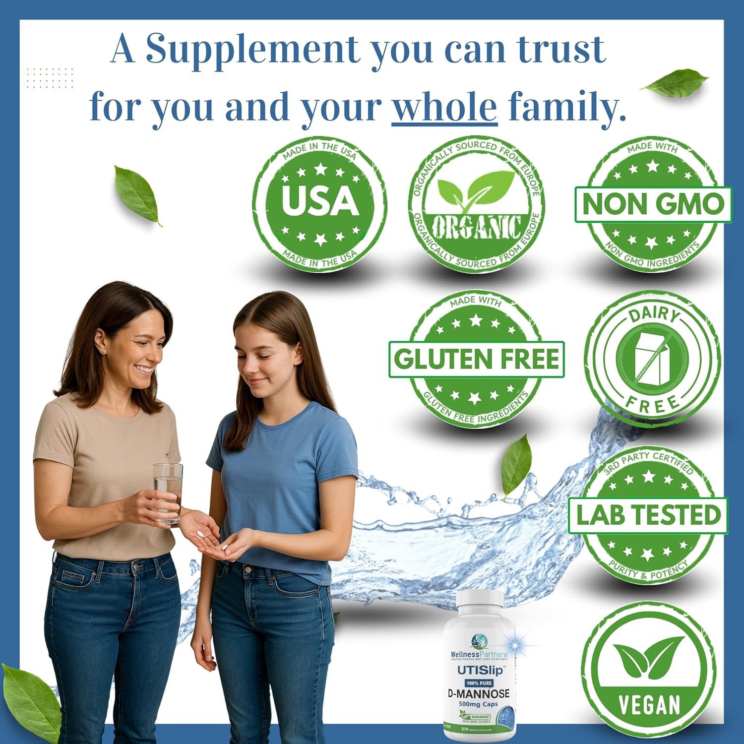 UTI Slip D-Mannose Non GMO Organic Source Veggie Capsules 270 Count (500 Mg)