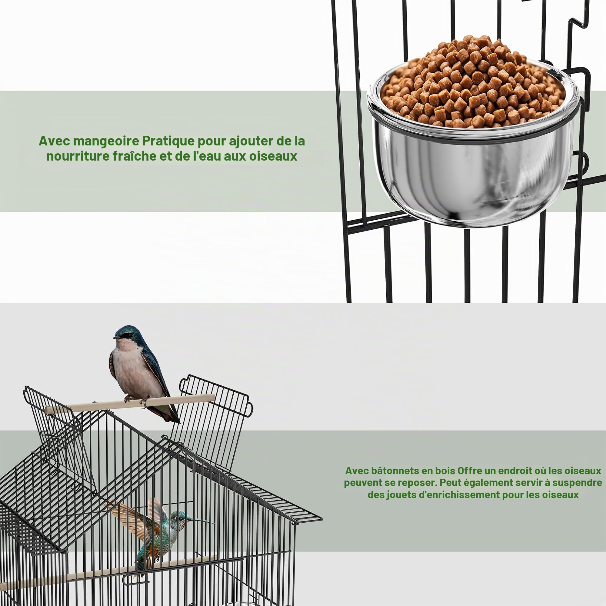 UISEBRT Cage à oiseaux avec support et roues - Grande volière en métal pour finches, canaris, perruches Noir (Type B, 55x55x145cm)