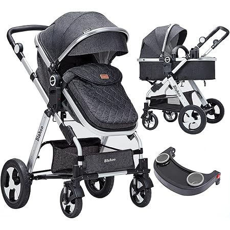 Blahoo Baby Stroller for Newborn, 2 in1 High Landscape Stroller, Foldable Aluminum Alloy Pushchair with Adjustable Backrest.Adjustable Awning, Variable Seat and Recliner(Black)