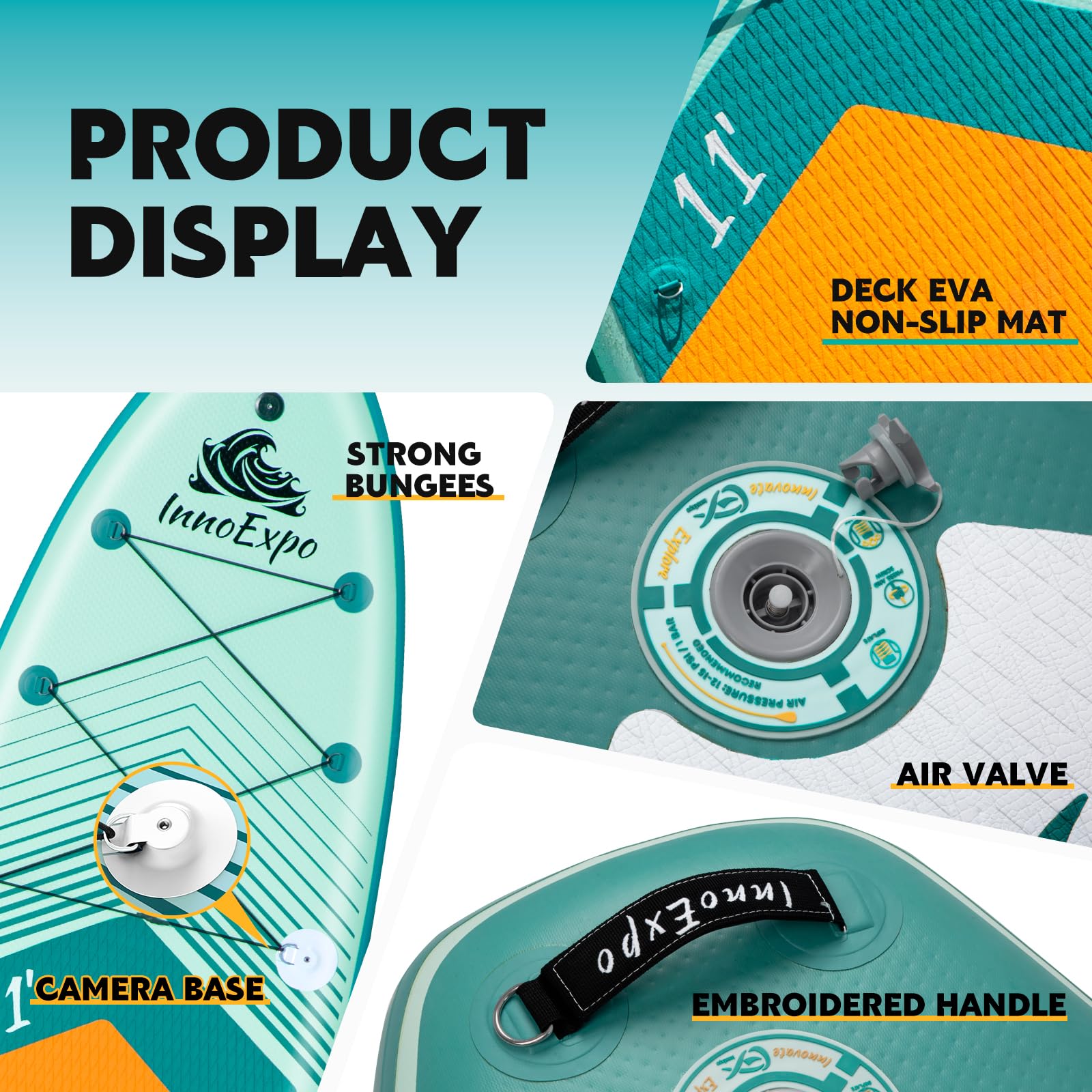 InnoExpo Aufblasbare Stand-Up-Paddle-Boards mit Premium-Zubehör, breites, stabiles SUP-Paddelboard-Design, rutschfestes Komfort-Deck für Jugendliche und Erwachsene