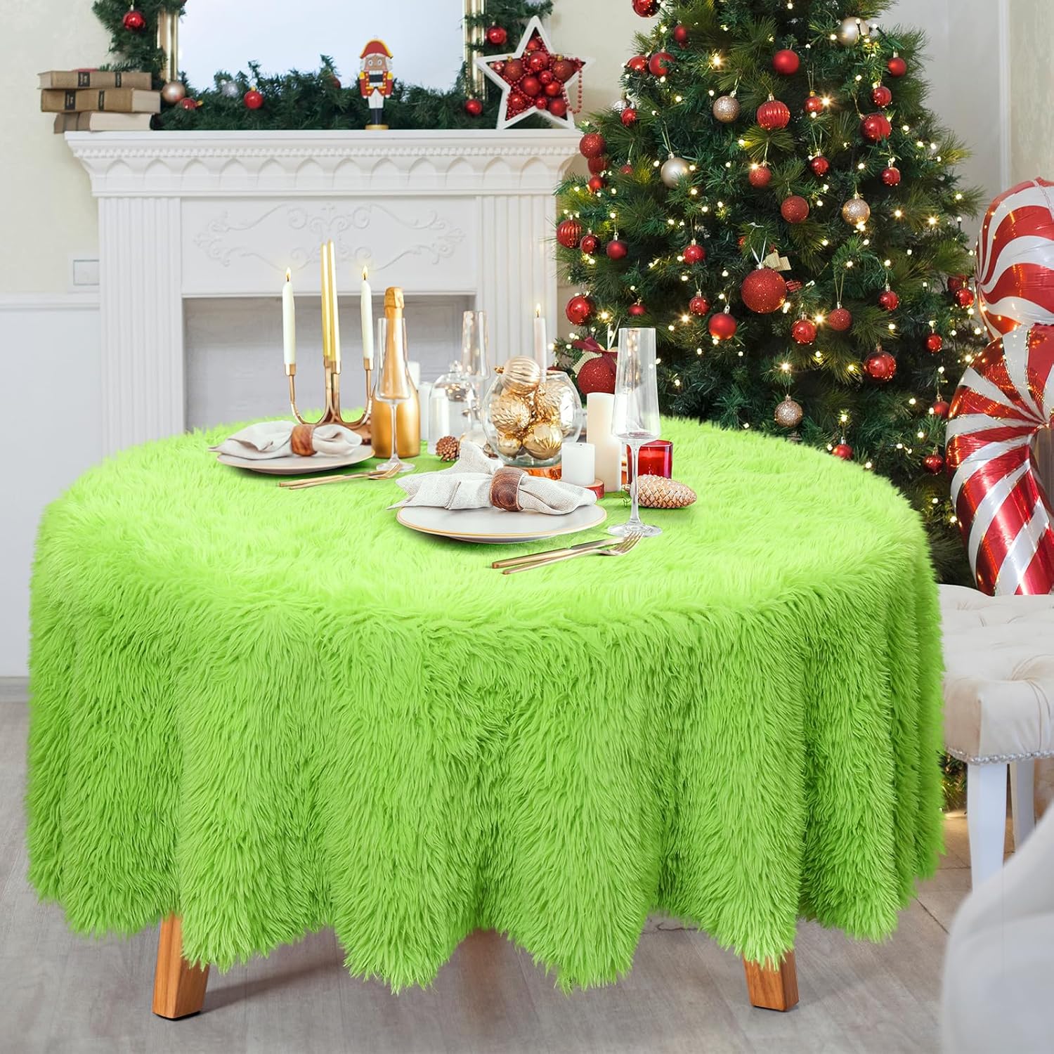 clothmile Christmas Green Faux Fur Tablecloth 60 x 60 Inch Fluffy Shag Dresser Round Green Christmas Tablecloth for Kitchen Dining Table Home Xmas Winter Holiday Party Decoration