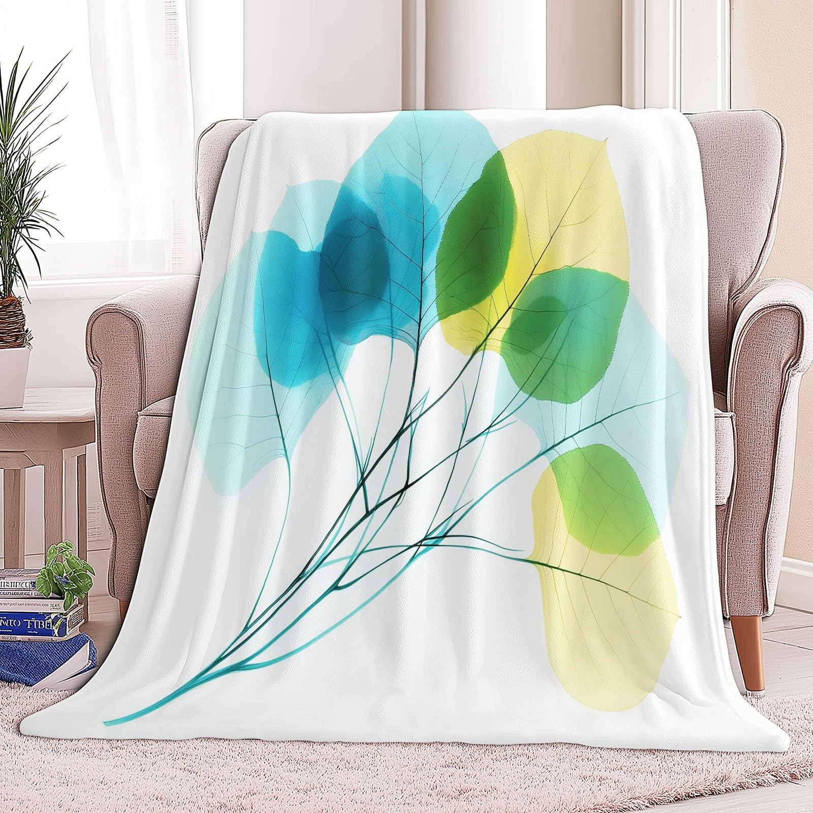 Flanelowy koc 180 x 220 cm minimalizm liście topoli przezroczyste puszyste kolory ciepły koc polarowy, lekkie białe koce na cały sezon do podróży, na sofę