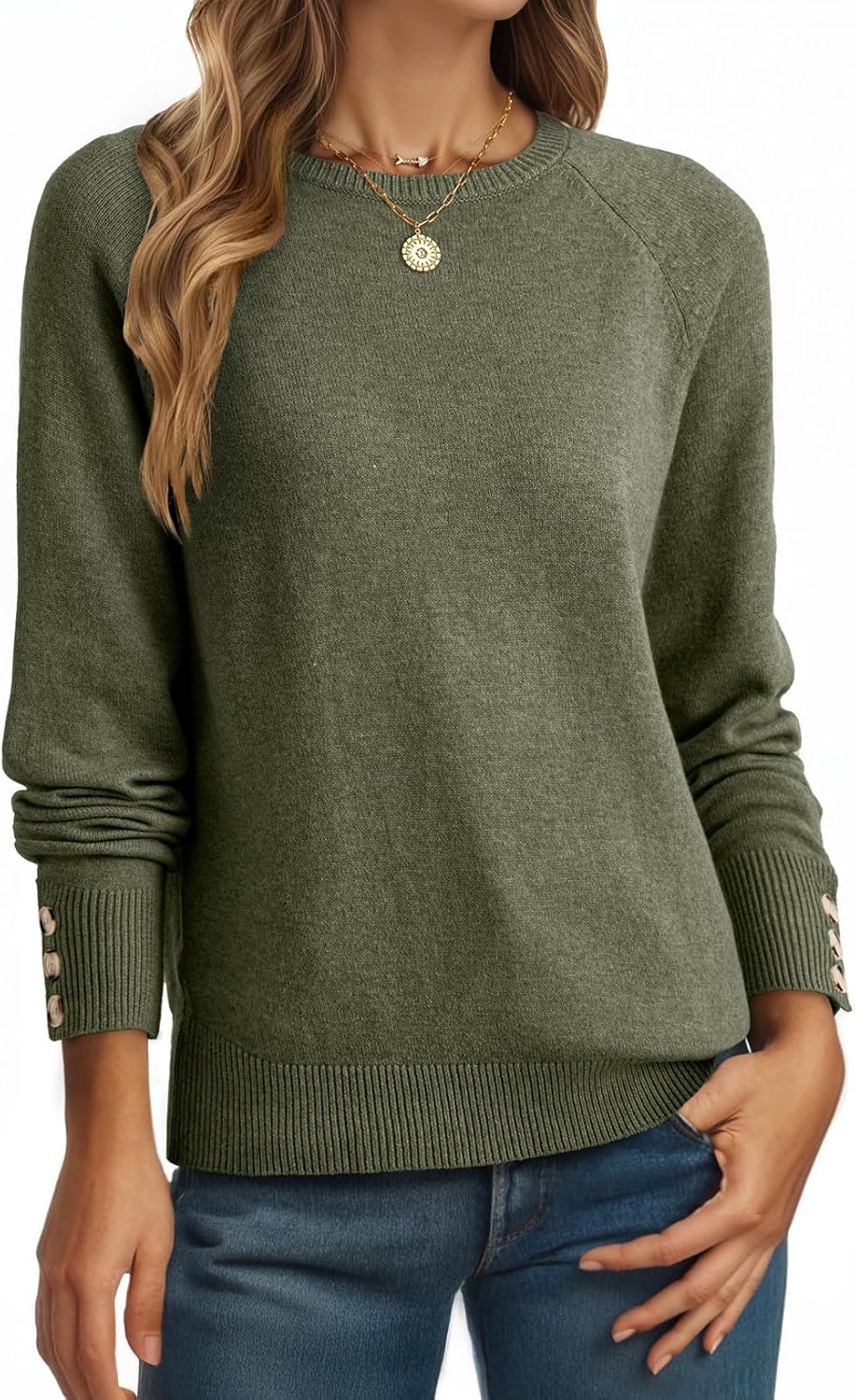 Dokotoo Womens Sweaters Casual Long Sleeve Fashion Crewneck Knit Solid Button Pullover Sweater Jumper Tops