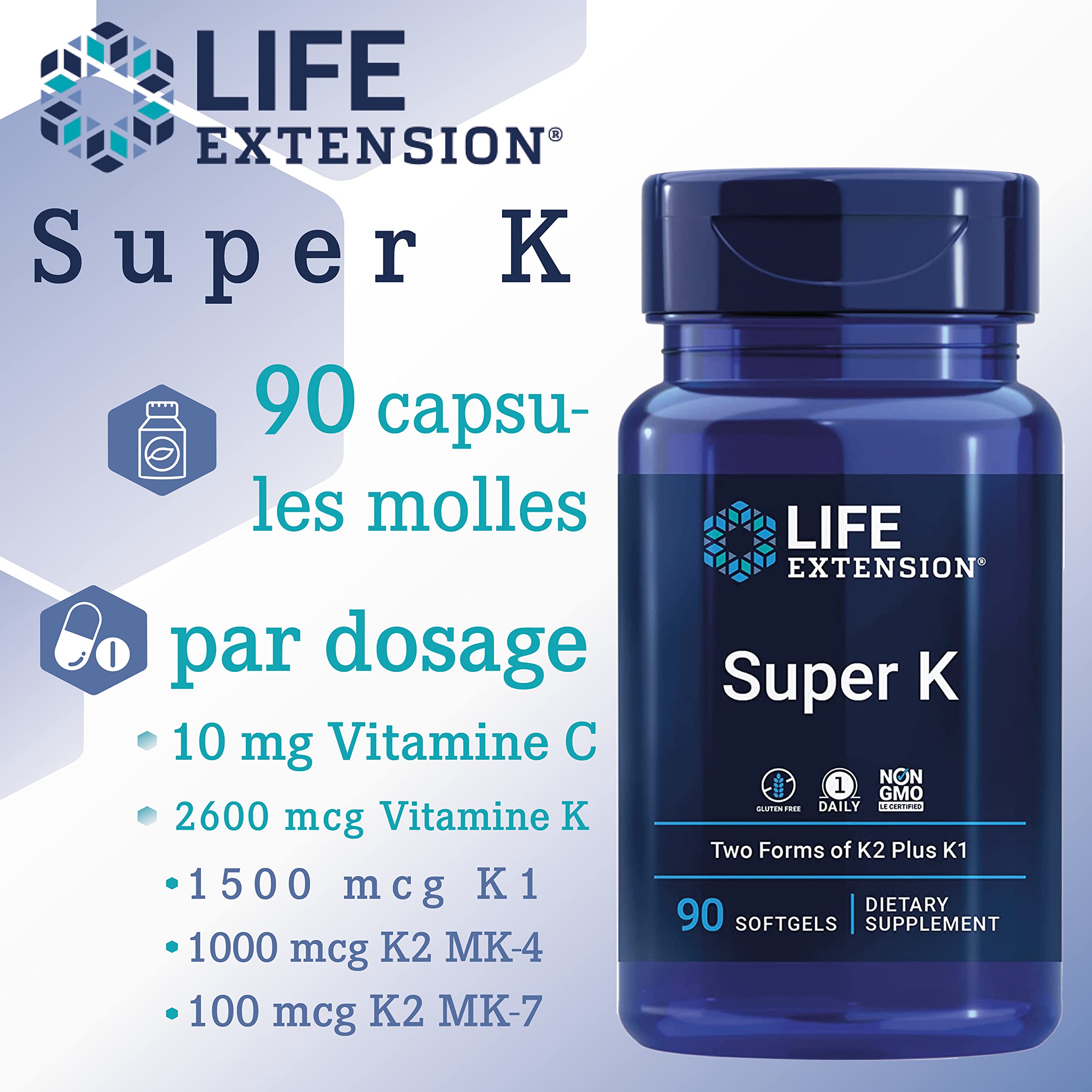 Life Extension, Super K, avec MK-7, Dépot, Hautement Dosé, 90 Capsules molles, Testé en Laboratoire, Sans Gluten, Sans Soja, Sans OGM