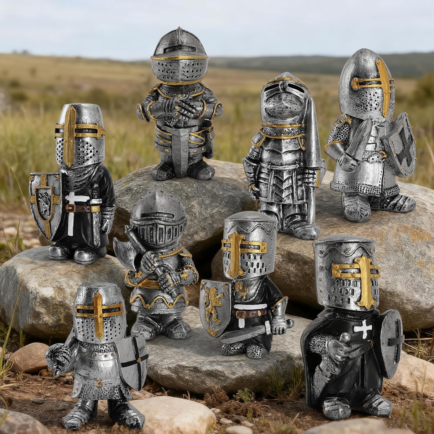 Knight Gnomes Guard Garden Statues 2021 Christmas Guardians Gnomes, Renaissance Medieval Cross Templar Crusader Figurine, Armor Miniature European Knights Sculpture for Yard Lawn Art Decor (8 pcs)