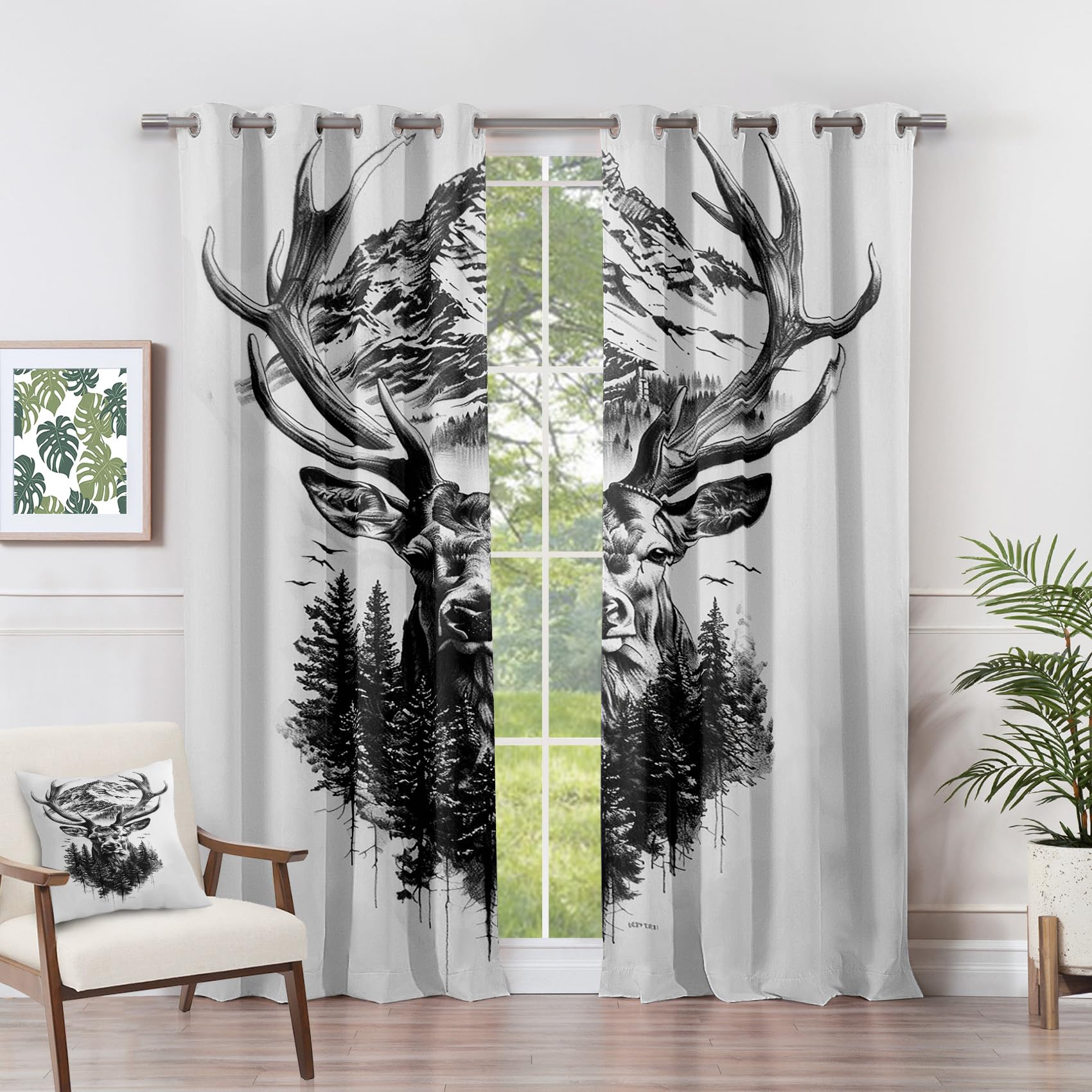 Rideau Occultant Cerf - Rideau Thermique Motif élan Animaux Sauvages Montagne Rustique, Rideaux Chambre Salon Fenetre, Lot de 2 Rideaux et Draperies Intérieurs à Oeillets, 110x215 cm (LxH) L#-93