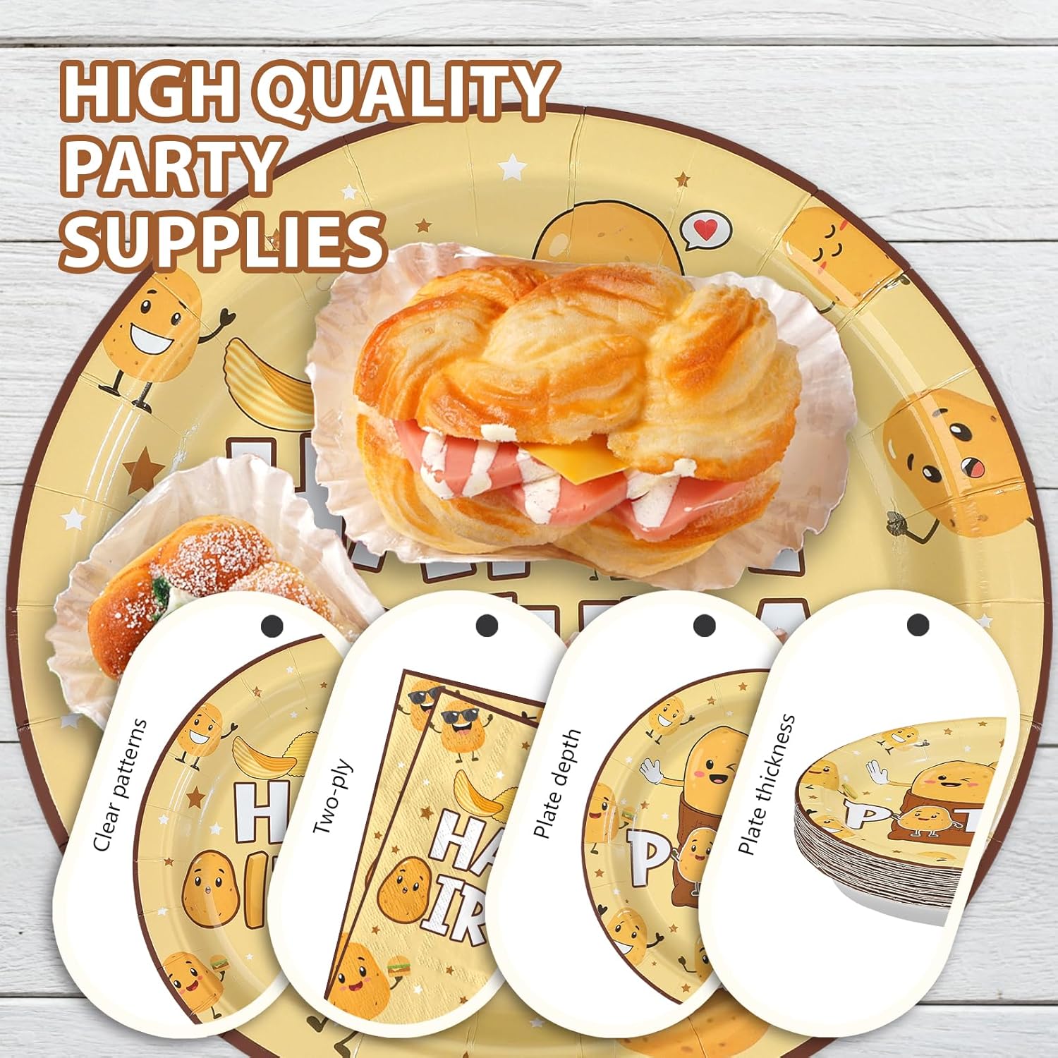 96Pcs Funny Potato Birthday Party Supplies Cute Cartoon Potato Plates and Napkins Disposable Vegetable Chip Theme Tableware Set for Kids Baby Shower Happy Birthday Party Decorations, Serves 24