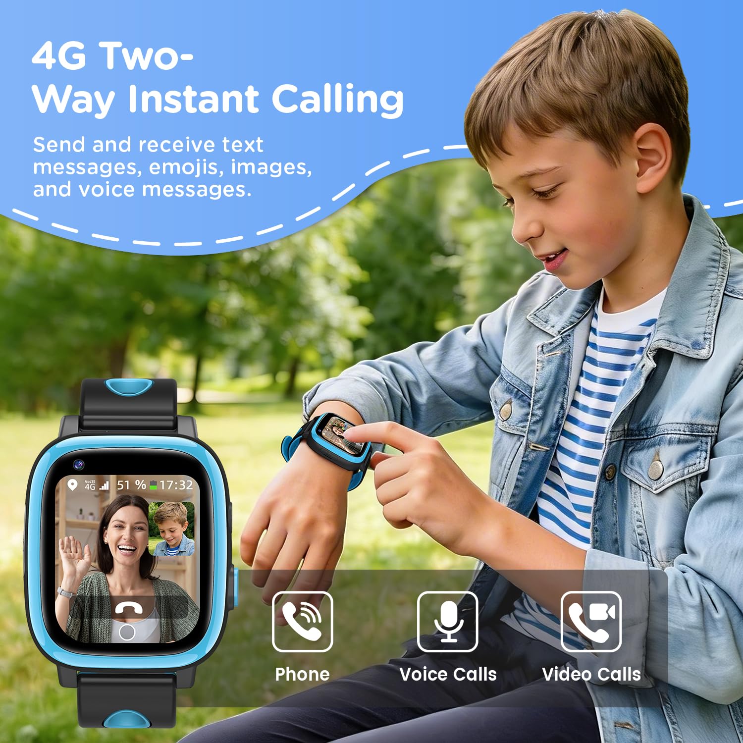 2026 Nuevo 4G Reloj Inteligente Niño con Videollamada & GPS, SOS, Chat de Voz, IP68 Impermeable, Modo Escuela, Podómetro, Despertador, Flashcard, Regalo para Niños y Niñas de 4 a 15 Años Azul — view 2