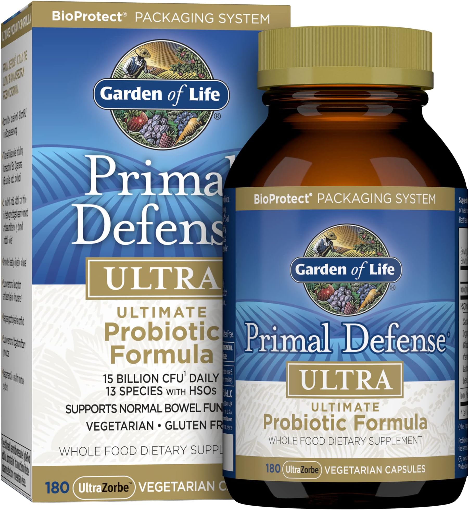 Probiotics for Digestive Health and Gut Health Balance, Primal Defense Ultra Ultimate Formula, 15 Billion CFU and 13 Strains Plus HSOs, Vegetarian and Gluten Free, 180 Capsules