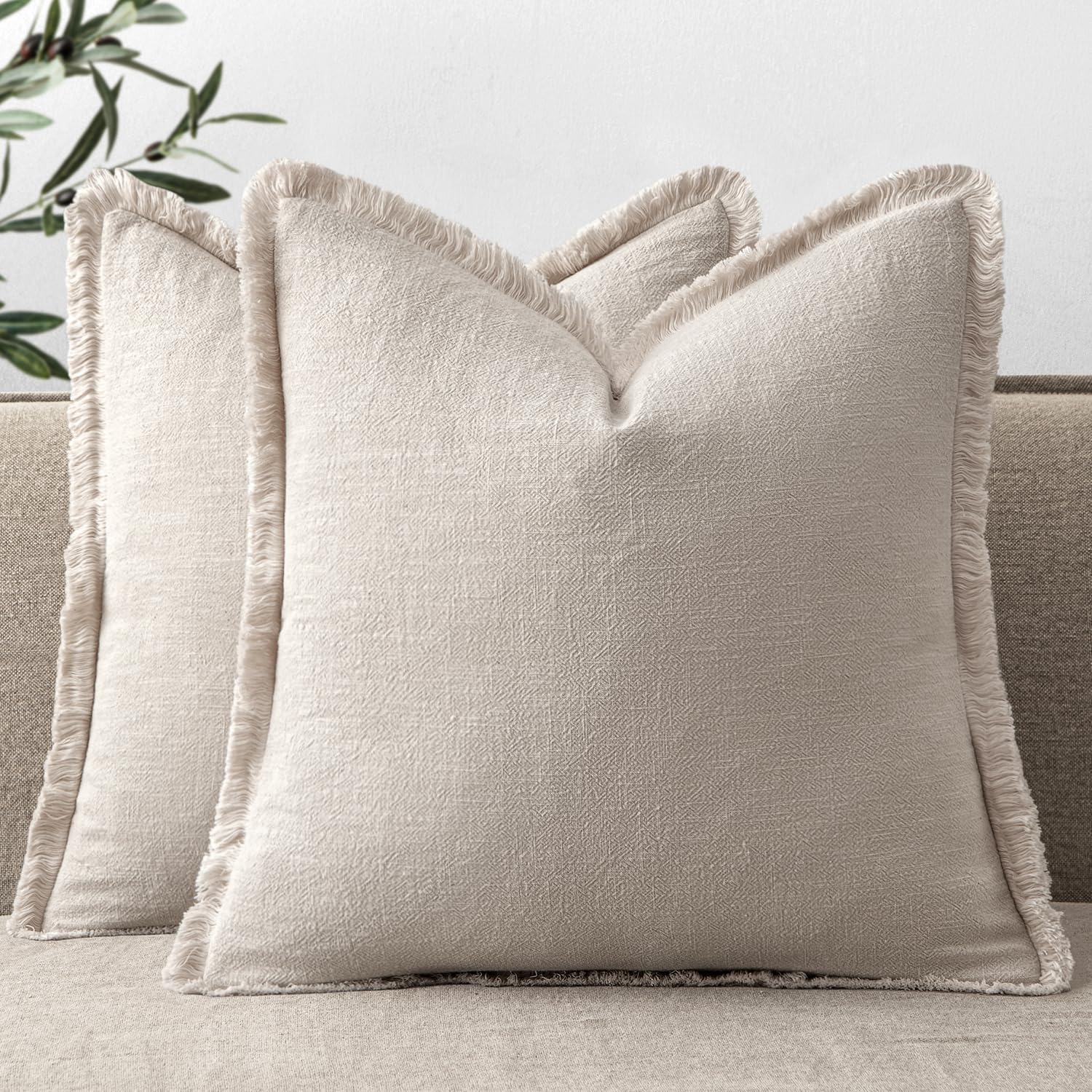 ANRODUO Set of 2 Decorative Throw Pillow Covers 2626 Inch Soft Linen Fringe Farmhouse Boho Vintage Cushion Covers with Tassels Accent Pillowcase for Couch Sofa Bed Living Room Decor Natural Beige