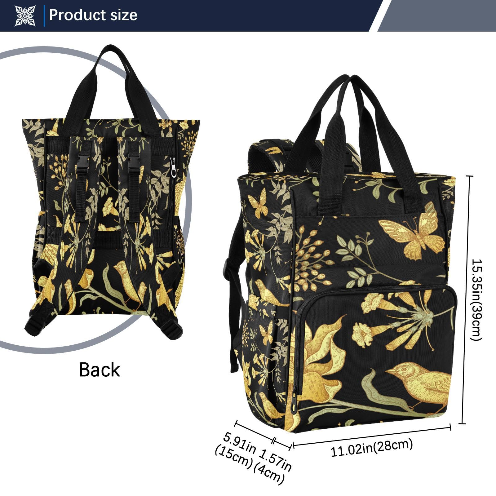 Flores Negras De Arte Mamá Mochilas de Pañales Gran Capacidad Pañal Bolso Mochila para Viajar al Aire Libre