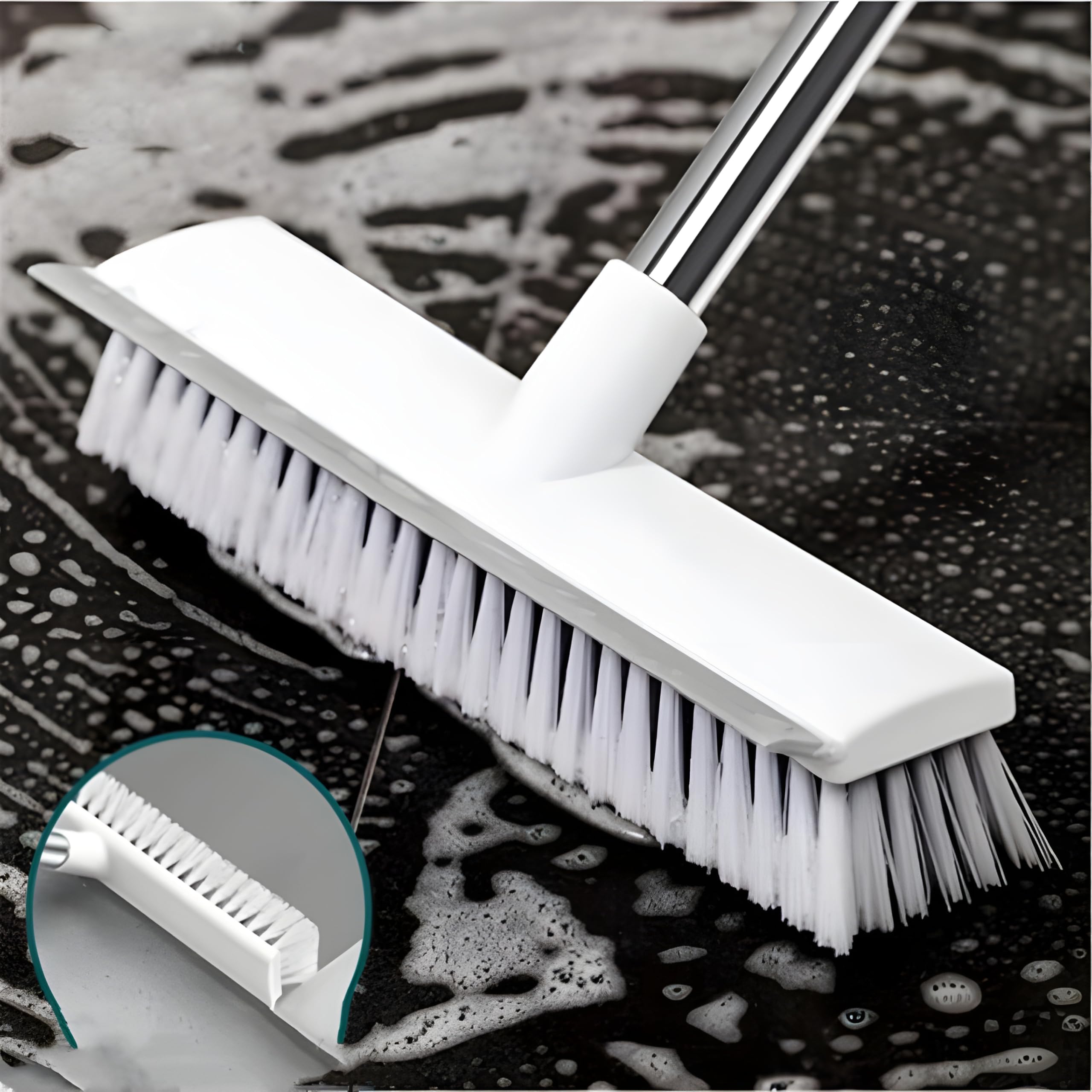 Boniry Plastic 2 in 1 Bathroom Cleaning Brush with Wiper, Tile Cleaner Brush, Long Handle, White