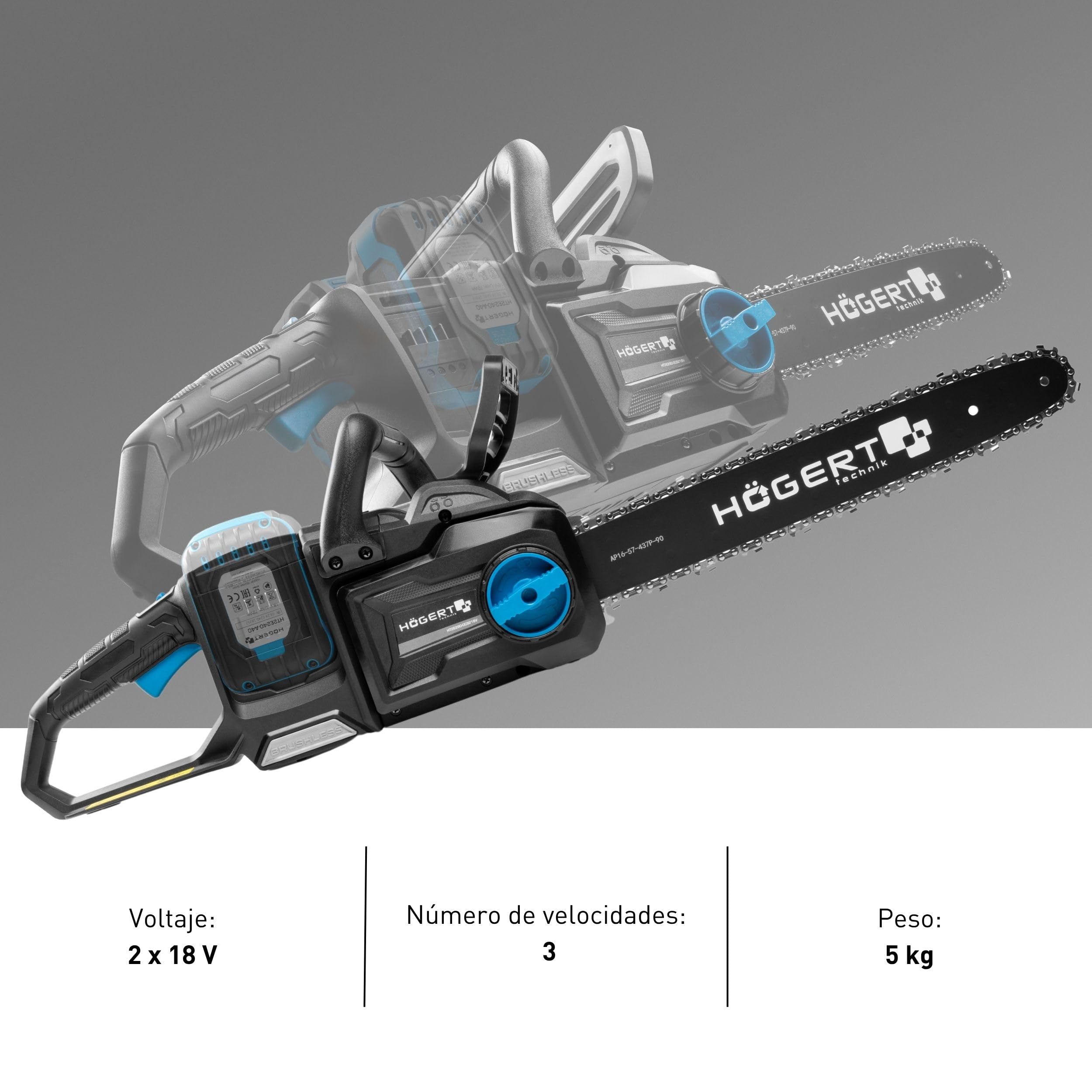 HÖGERT TECHNIK Motosierra a Batería 2x18V OneAccuSystem, motor sin escobillas, motosierra inalámbrica de 14 pulgadas, motosierra eléctrica para madera, leña y trabajos de jardín, sin batería