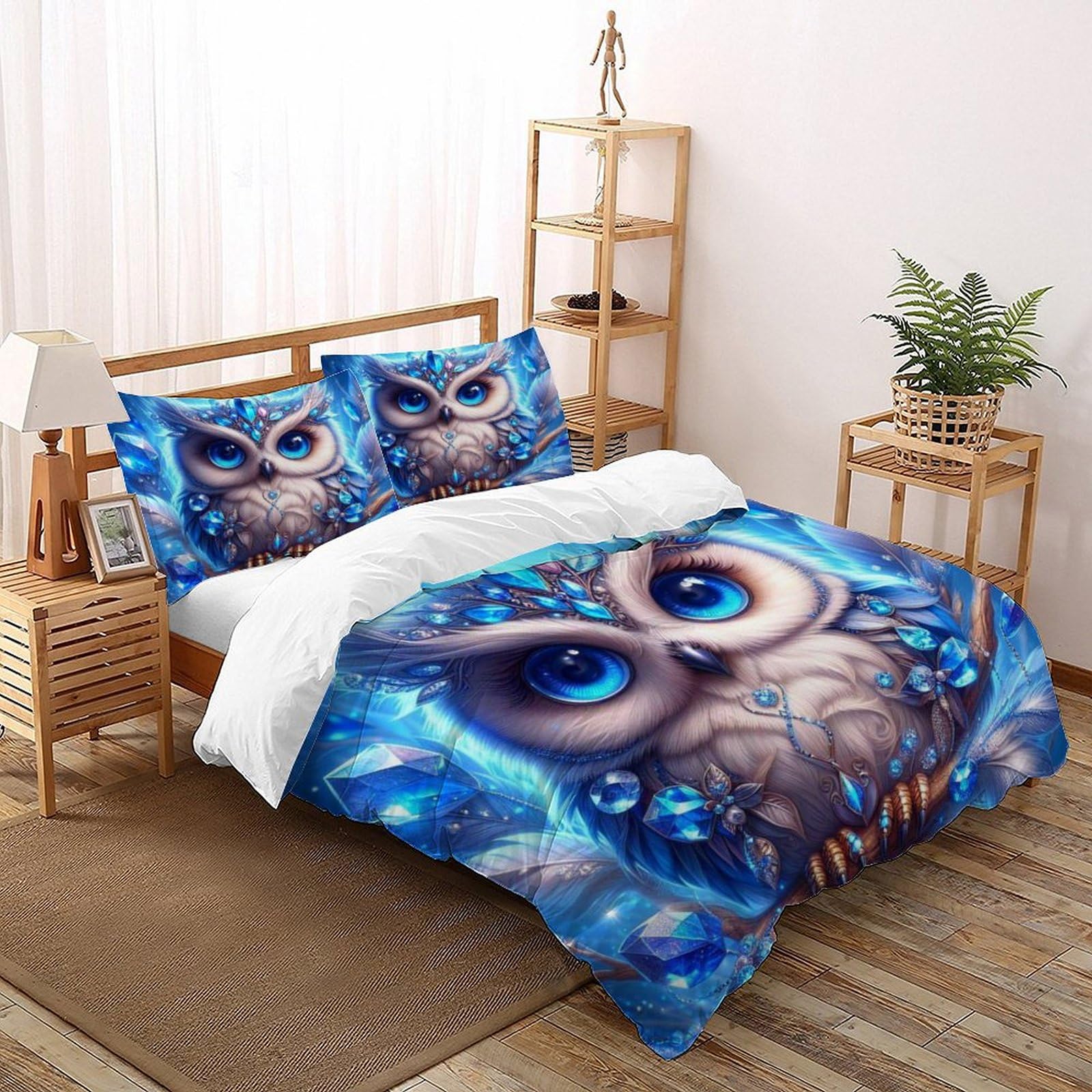 Housse de couette hibou 200x200 cm avec taie d'oreiller en microfibre pour lit double