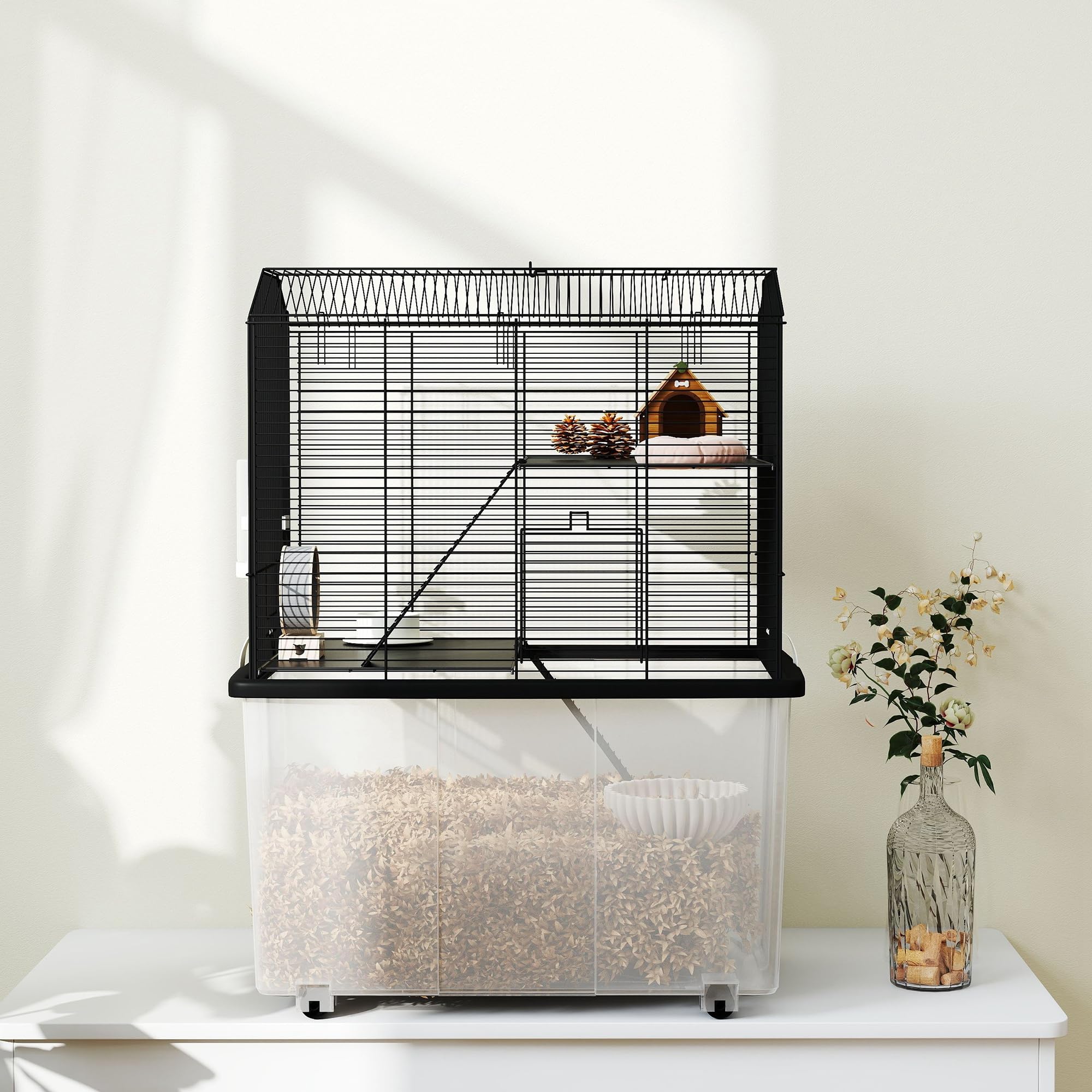 PawHut Cage Hamster, Cage Rongeur, 3 étages, avec roulettes, 2 Plate-Forme et 2 échelle, c, en Fil d'acier, 57 x 43 x 74 cm, Noir