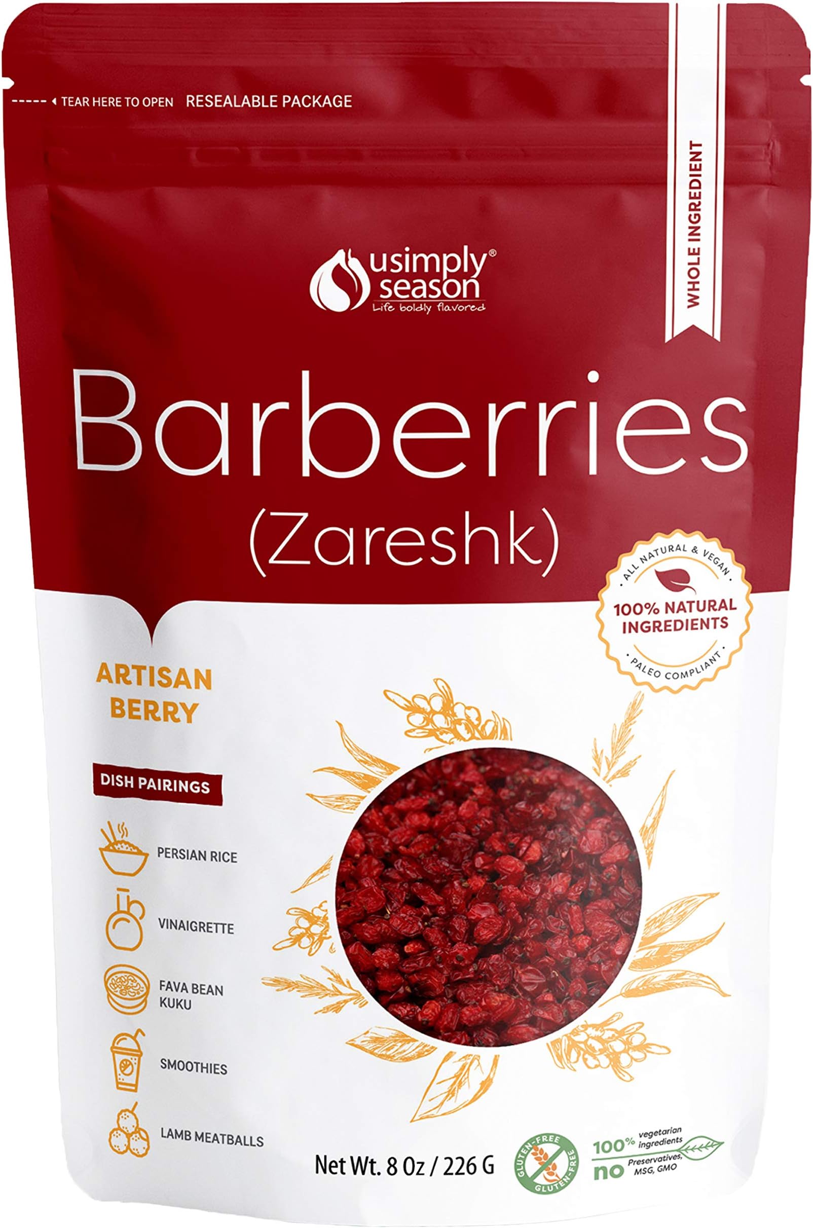 USimplySeason Barberry (Zereshk), 8 Oz | Whole Dried Berries