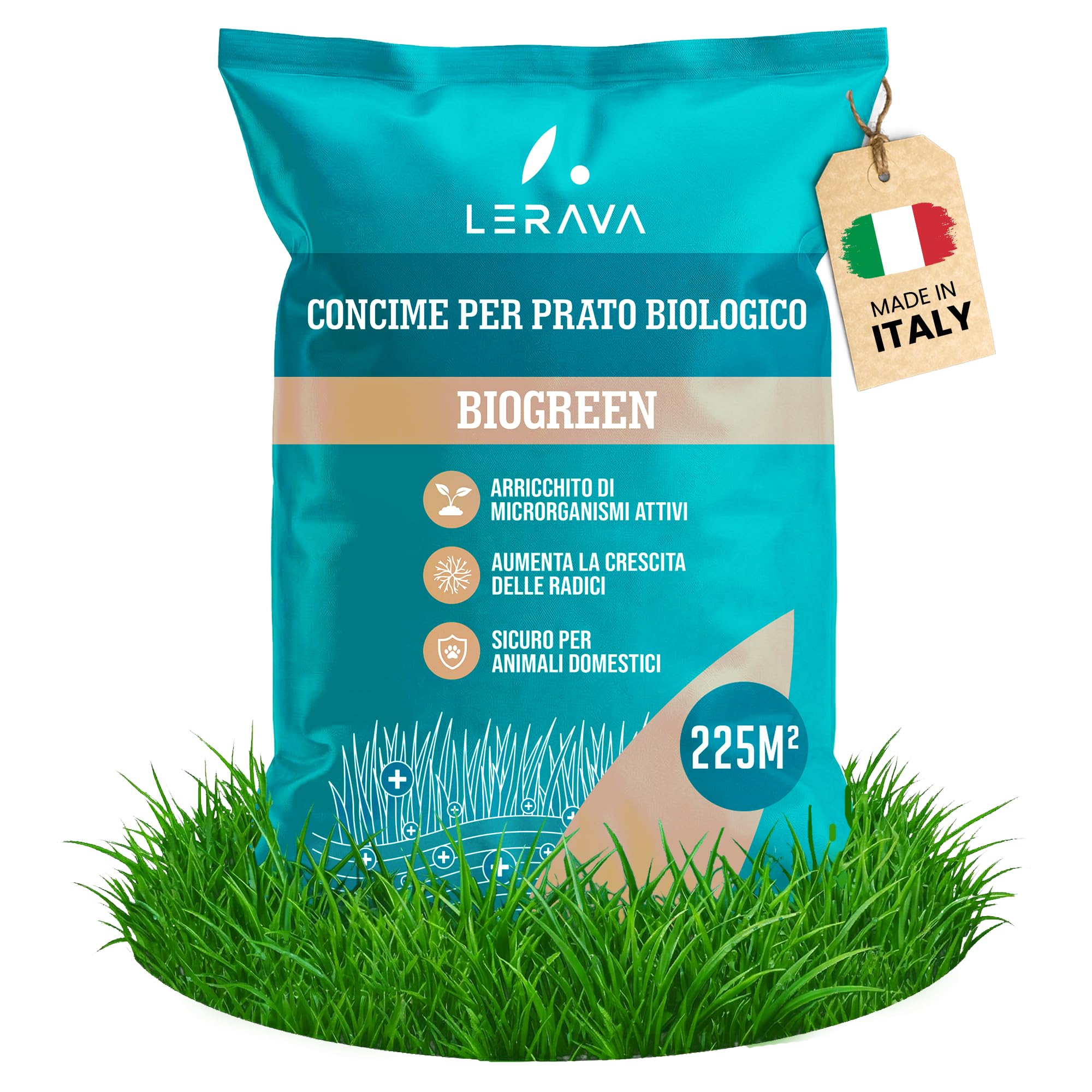 LERAVA BIOGREEN Concime per Prato Biologico (9 kg) - Fertilizzante Rinverdente Starter Granulare da Letame - con Microrganismi Attivi - Copre 225 m² - Sicuro per Animali Domestici