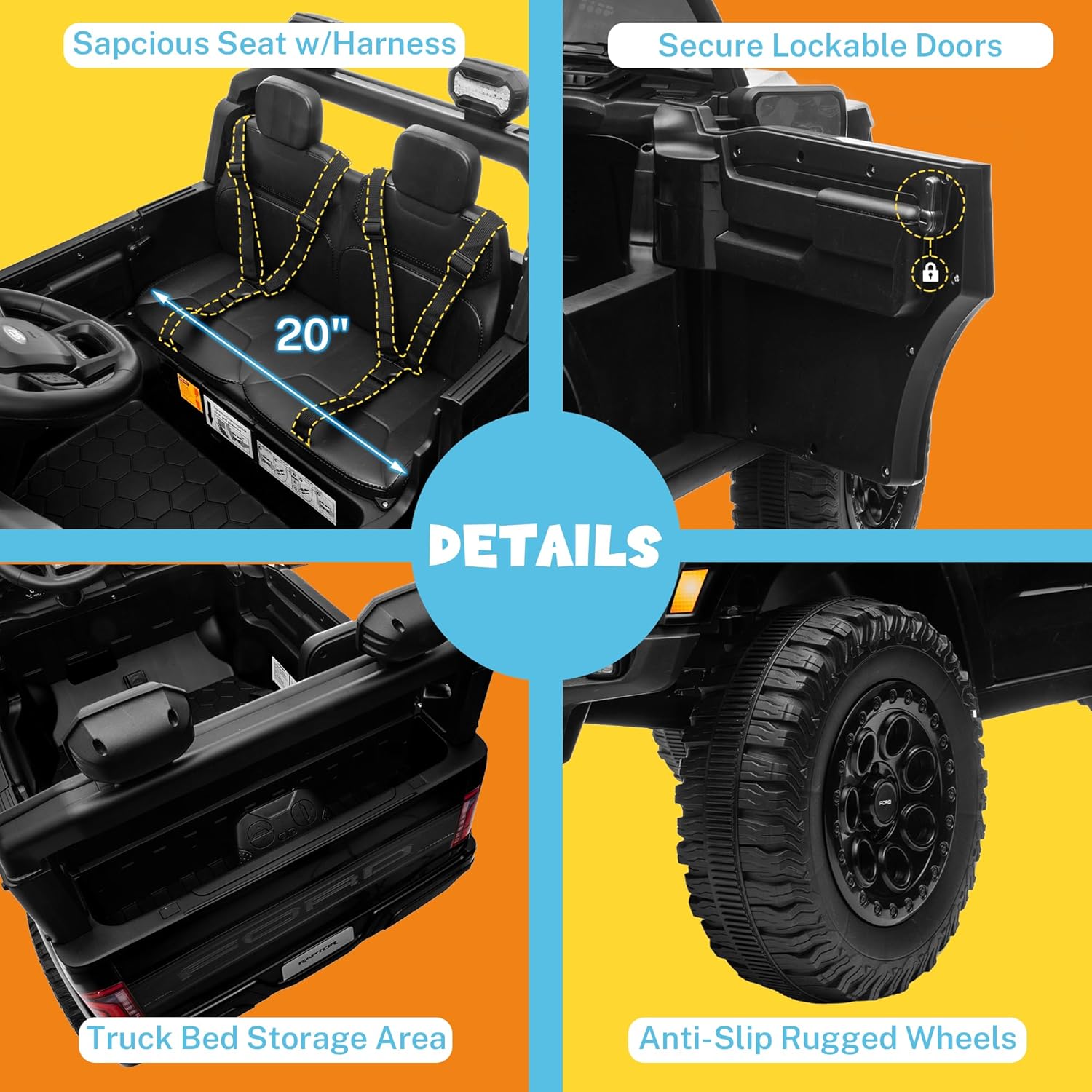 Lifting the seat of the ride-on truck to reveal the battery compartment underneath.