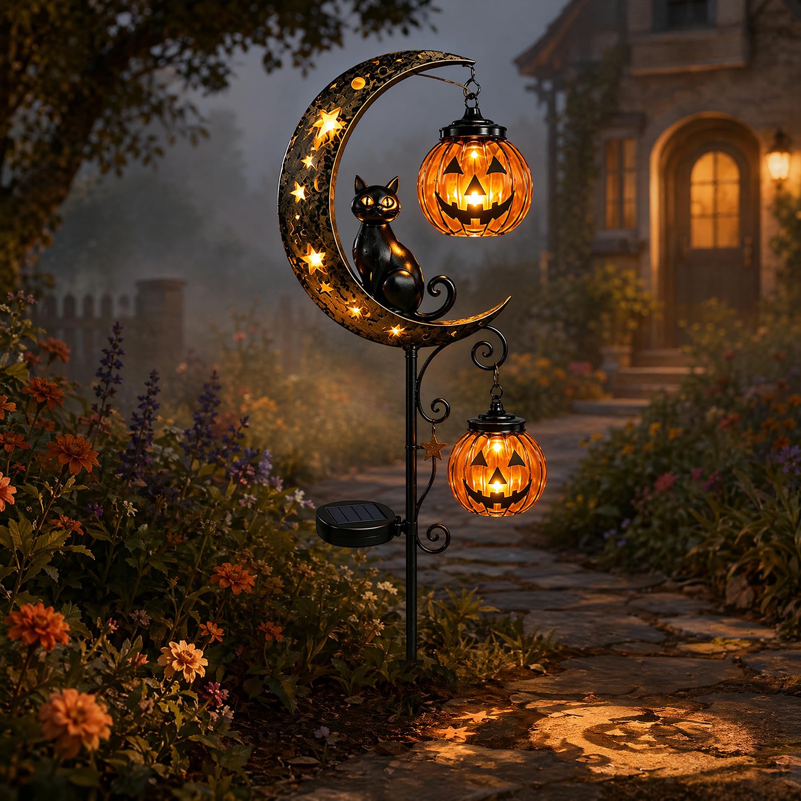 Solar Halloween Black Cat Pumpkin Moon Garden Stake Night Light
