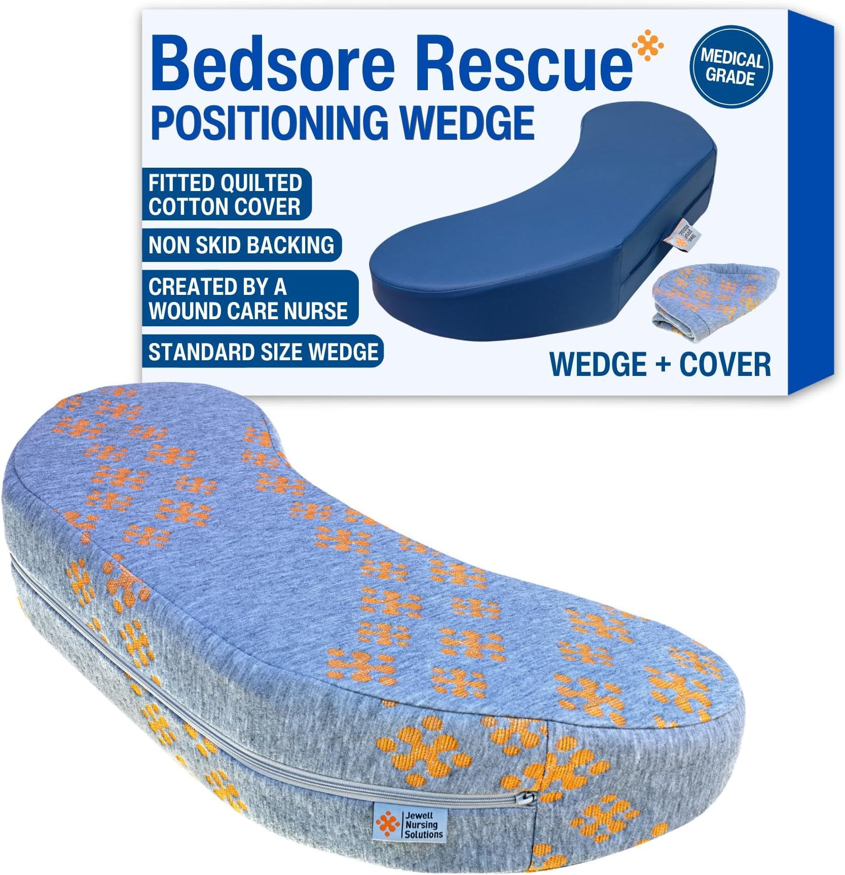 Bedsore Rescue Positioning Pillow Wedge + Cover - Tailbone, Sacrum, Buttocks - Standard Size for 100-250lbs - Hypoallergenic + Moisture Proof - Non-Slip Bottom Turning Wedge - Medical Grade
