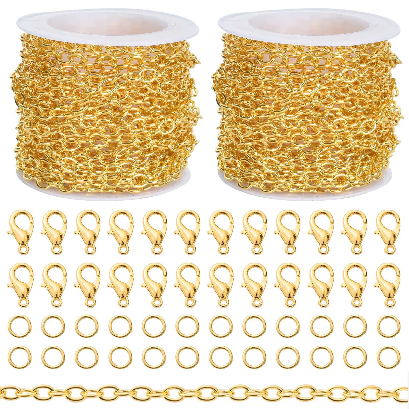 ZYFCPlated Cable Chain 10m - Stainless Steel Jewellery Chain with 60 Lobster Clasps and 120 Jump Rings for Men, Women DIY (Gold)