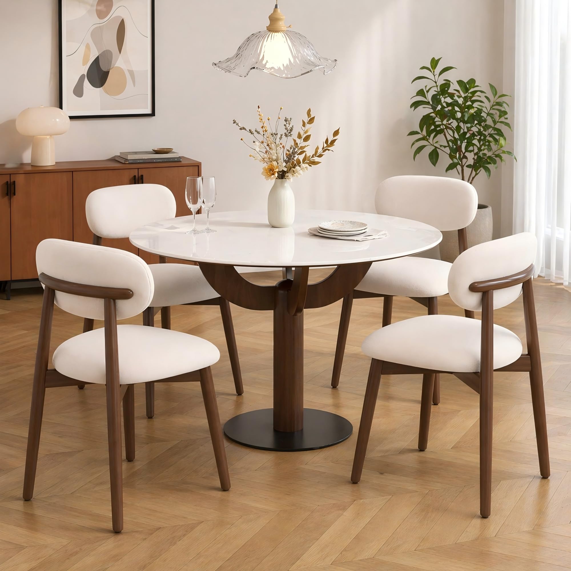 Takumi∞X Sillas de Comedor Pack 4 Cadeiras Sala Jantar Sillas Salon de Comedor Modernas Sillas de Comedor de Madera Nordica Sillas de Cocina Tela de Lino Tapizadas Sillas de Comedor