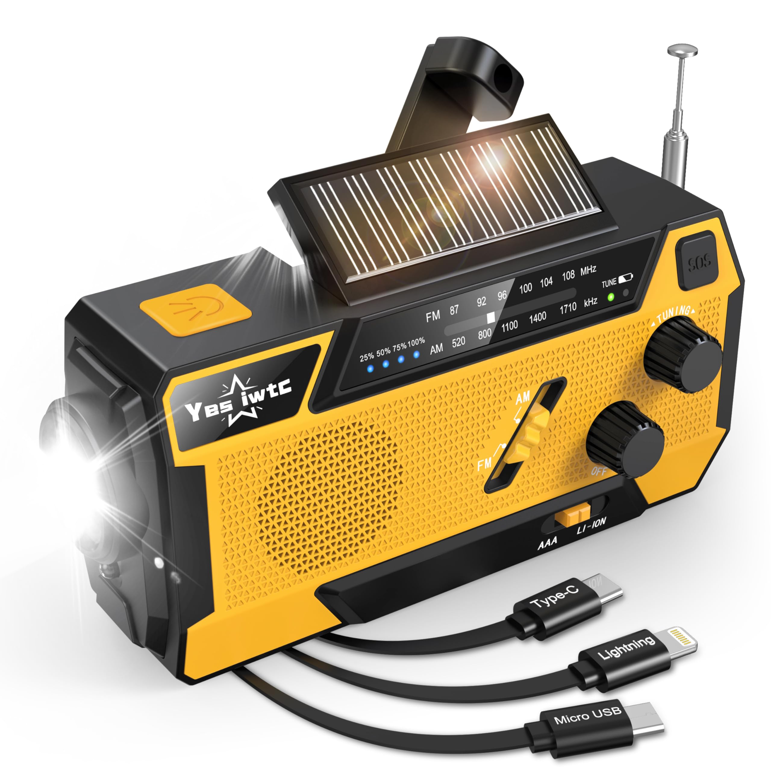 Wind Up Solar Radio, 7400mWh (2000mAh) Solar Powered Radio Emergency Hand Crank Radio with 3 Built-in Cables, Battery Operated, SOS Alarm & Flashlight, Emergency wind up torch for Hurricane, Emergency UK-Yellow