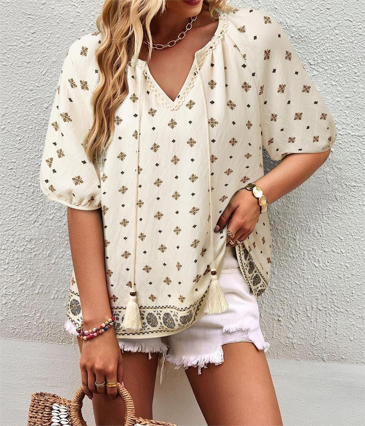 Chvity Womens Summer Boho Tops Flowy Floral Print Shirt Tie Front Vacation Clothes Casual V Neck Short Sleeve Blouses - Image 3