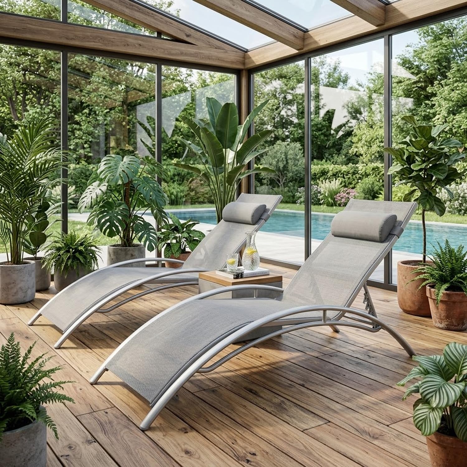 Set 2 Lettini Prendisole Reclinabili Da Giardino Con Schienale Regolabile 5 Posizioni In Textilene Traspirante Per Piscina Terrazza Relax Outdoor 59 x 158 x 81.5 Cm Grigio