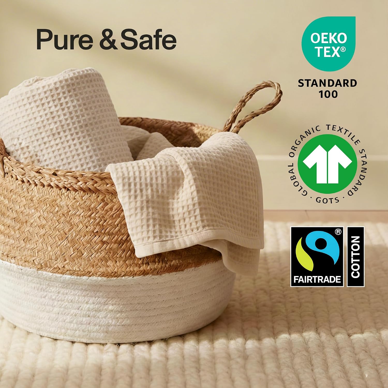 Everlayer 100% Organic Cotton, Waffle Weave, Blanket, King - 114 x 96 Inch | 100% GOTS Organic Cotton, 400 GSM Heavy Wt Comfort, King- 114 x 96 In, All-Season, Garment Washed, Pre-Shrunk, Natural Ivory