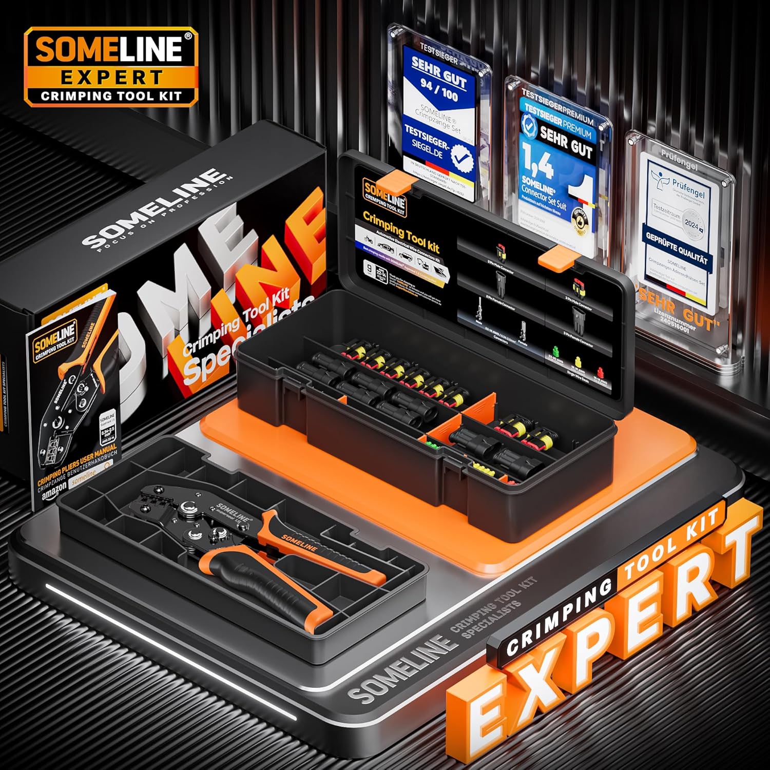 SOMELINE Waterproof Automotive Electrical Connectors Crimping Tool Kit, with 2/3 Pin Automotive Connectors, Pins and 22–14 AWG Ratchet Crimper – For Car, Truck, Motorcycle, Marine & DIY Wiring