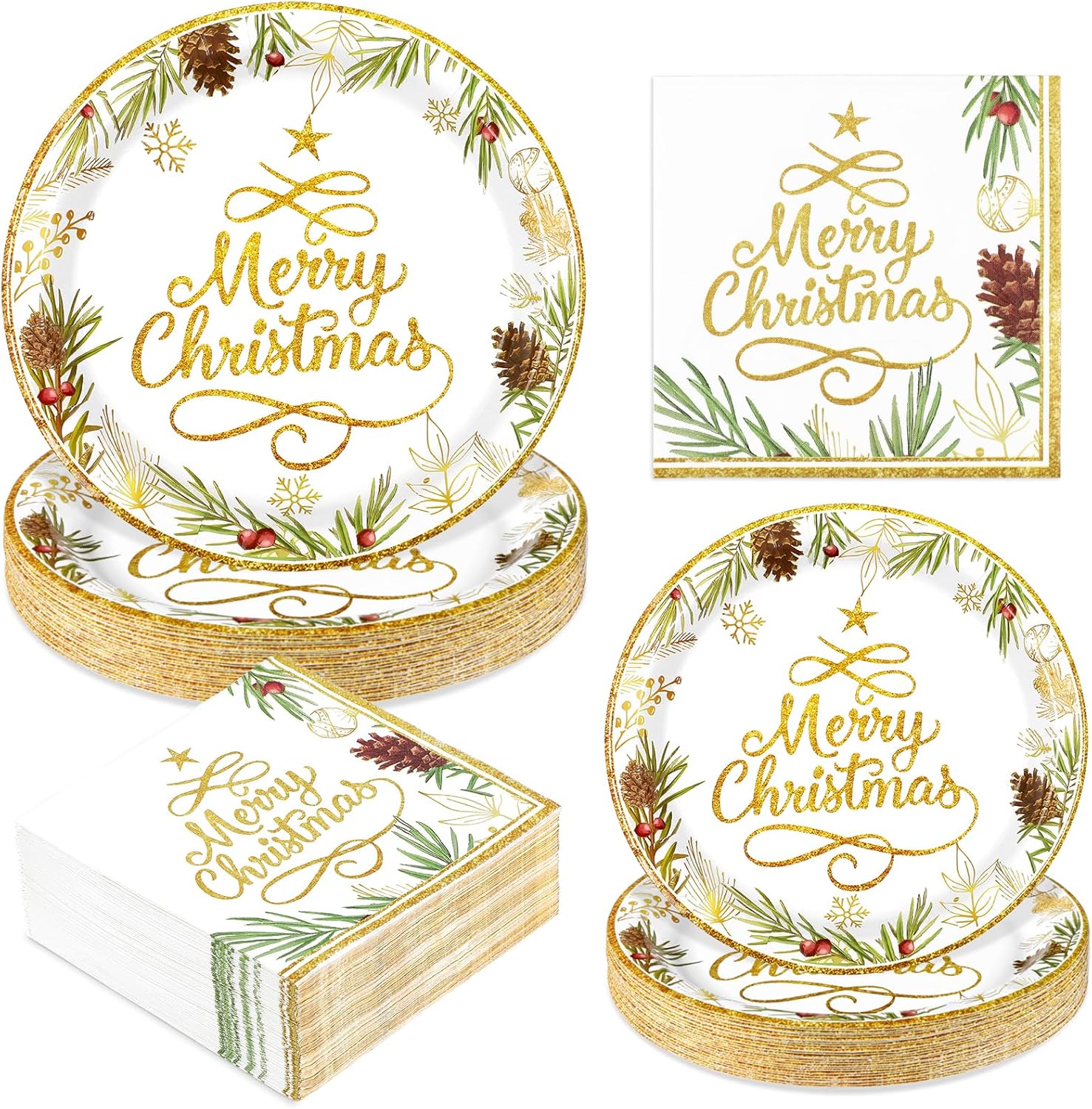 homlouue christmas paper plates and napkins, christmas tree gold plate and napkin disposable, holiday paper plates and napkins sets for xmas holiday winter dinner, merry xmas plate for party supplies