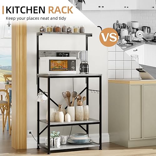 Miniatura 6 de Shintenchi Estante para panaderos con toma de corriente, organizadores de cocina y almacenamiento con 6 ganchos, soporte para horno microondas,