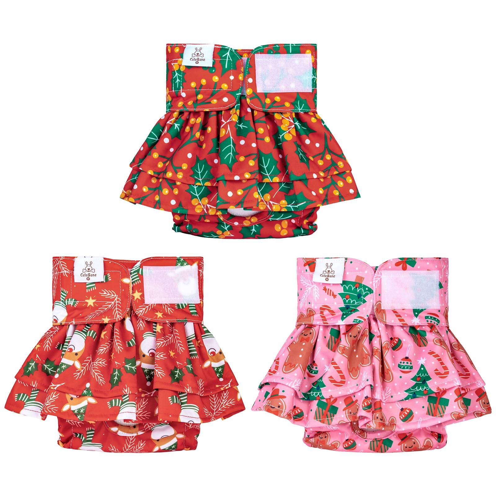 CuteBone Female Dog Diapers with Skirts 3 Pack Reusable Puppy Dresses Pants for Heat Cycle Period QBD15XS — image 1