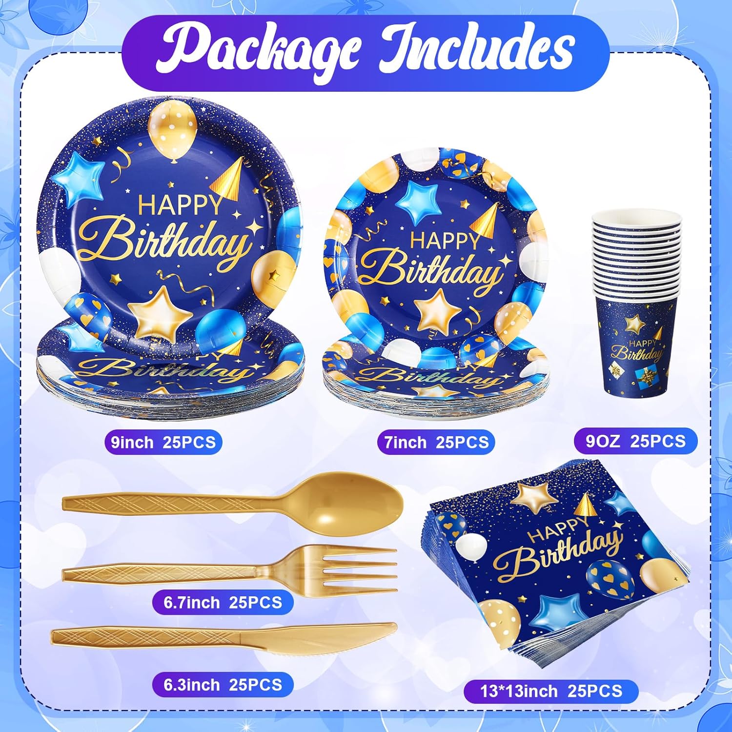 Norme 25 Sets Navy Blue and Gold Birthday Tableware Sets Includes Paper Plates Napkins Cups and Plastic Forks Knifes Spoons Blue Birthday Decorations Party Supplies for Women Men Boys Girls