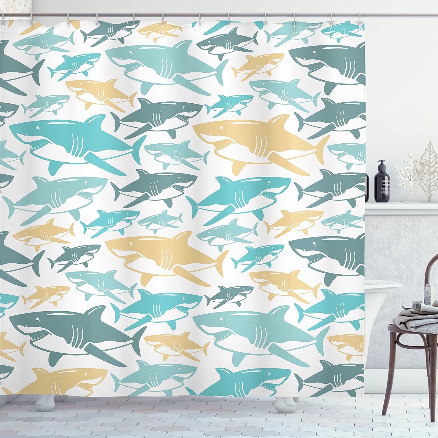 Ambesonne Shark Shower Curtain, Colorful Underwater Fish Pattern Masters Survival Predators Dangerous Nature, Cloth Fabric Bathroom Decor Set with Hooks, 69" W x 70" L, Seafoam Ecru