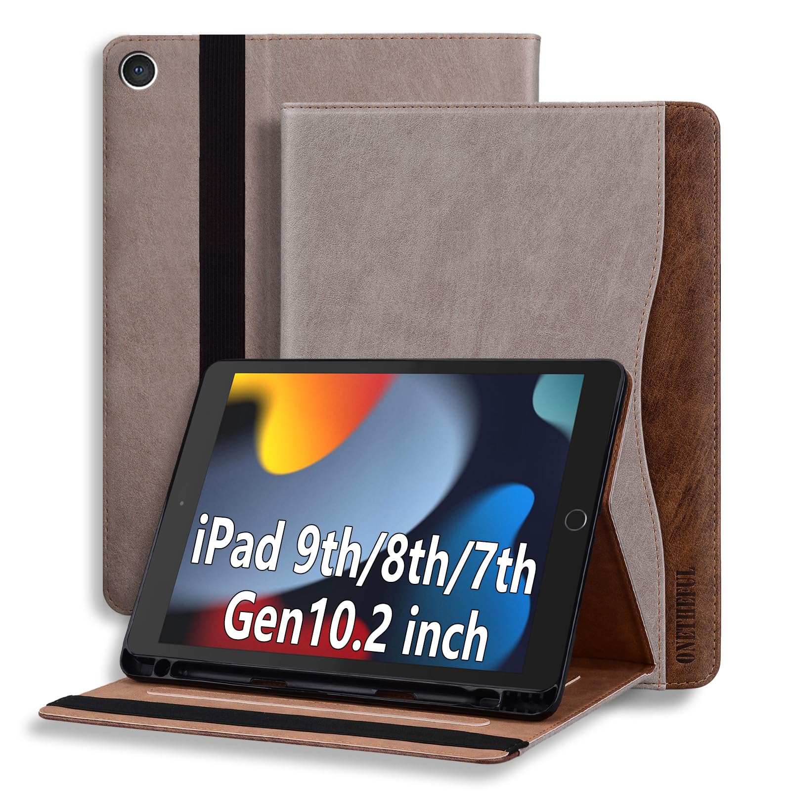 ONETHEFUL Hülle für iPad 9 8 7 Generation (10.2 Zoll, Model 2021/2020/2019),Premium Pu Leder Klappständer Schutzhülle mit Stifthalter und Dokumentschlitze,Auto Schlafen/Wachen Khaki